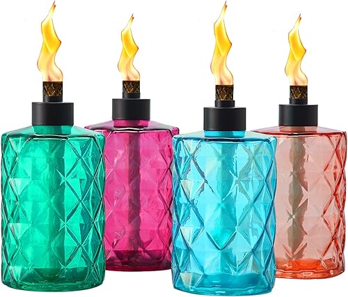 Paquete de 4 antorchas de cristal Tesrago, de citronela para exterior, con mecha y tapa, linterna de llama recargable, linterna decorativa de mesa