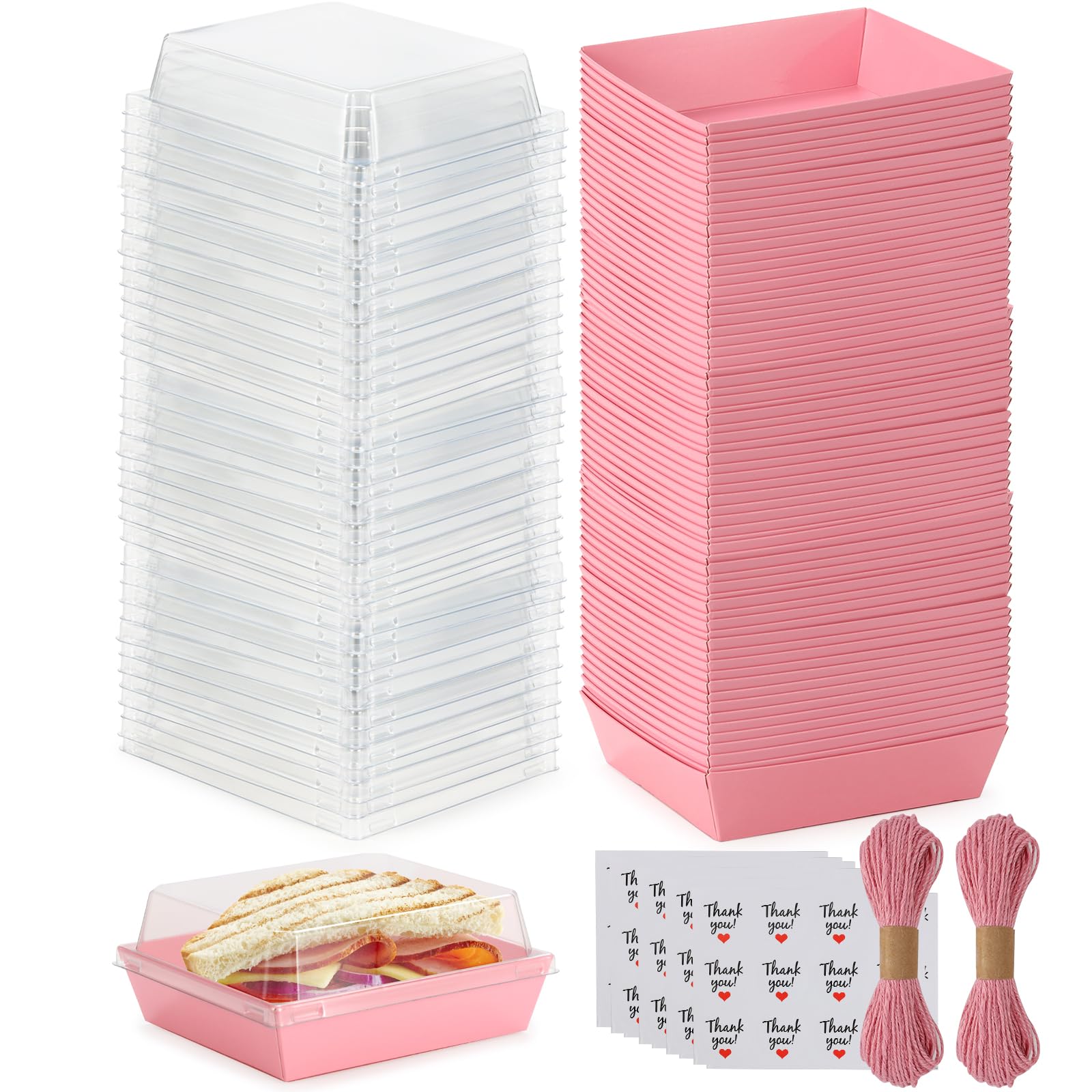 Charcuterie Boxes 100 Pack with Lids, Pink Square Disposable Paper Food Containers to Go Bakery Desserts Boxes for Strawberries, Cake Slice, Donuts, Sandwich, Party, Wedding, Outdoors and Home Use