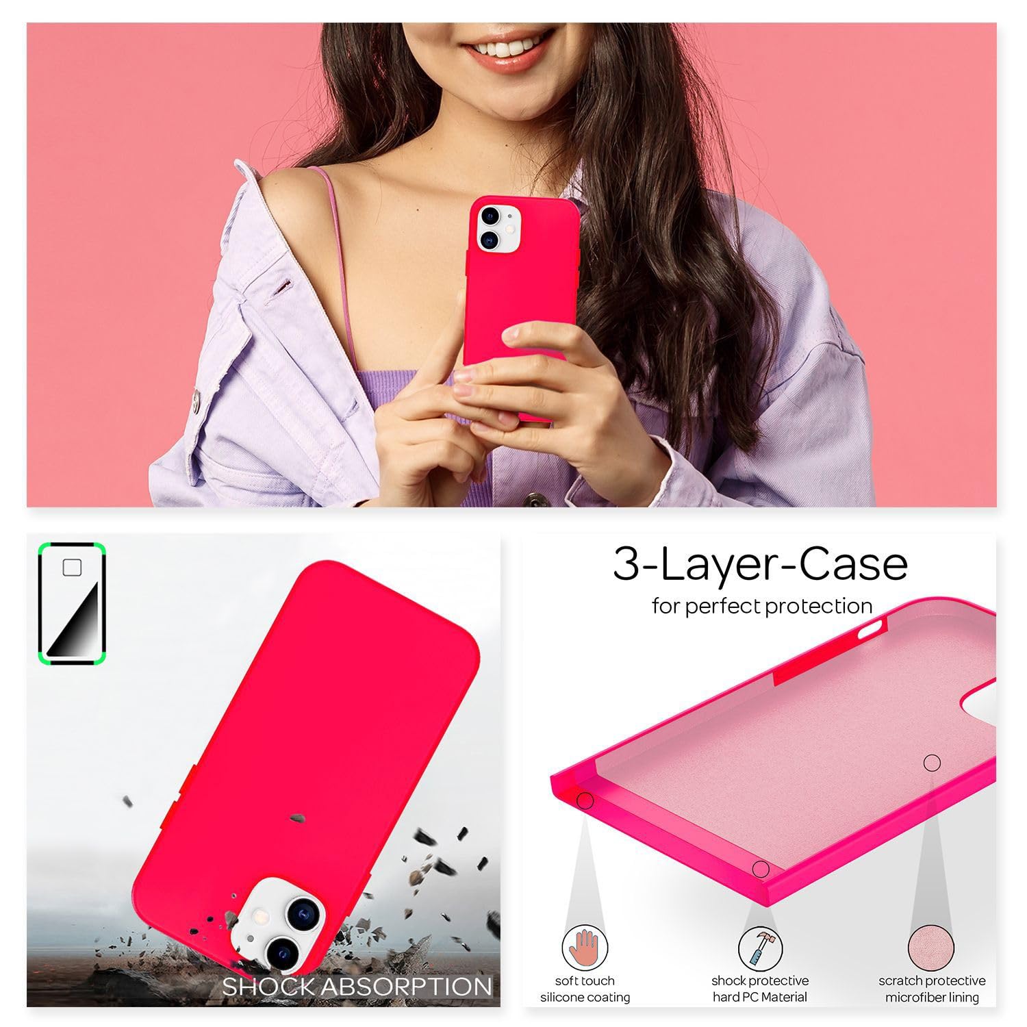 NALIA Morbido Cover in Silicone compatibile con iPhone 12 / iPhone 12 Pro Custodia, Protettiva Copertura Resistente allo Sporco con Microflusso, Soft Gomma Case Rugged Skin, Colore:Neon Rosa