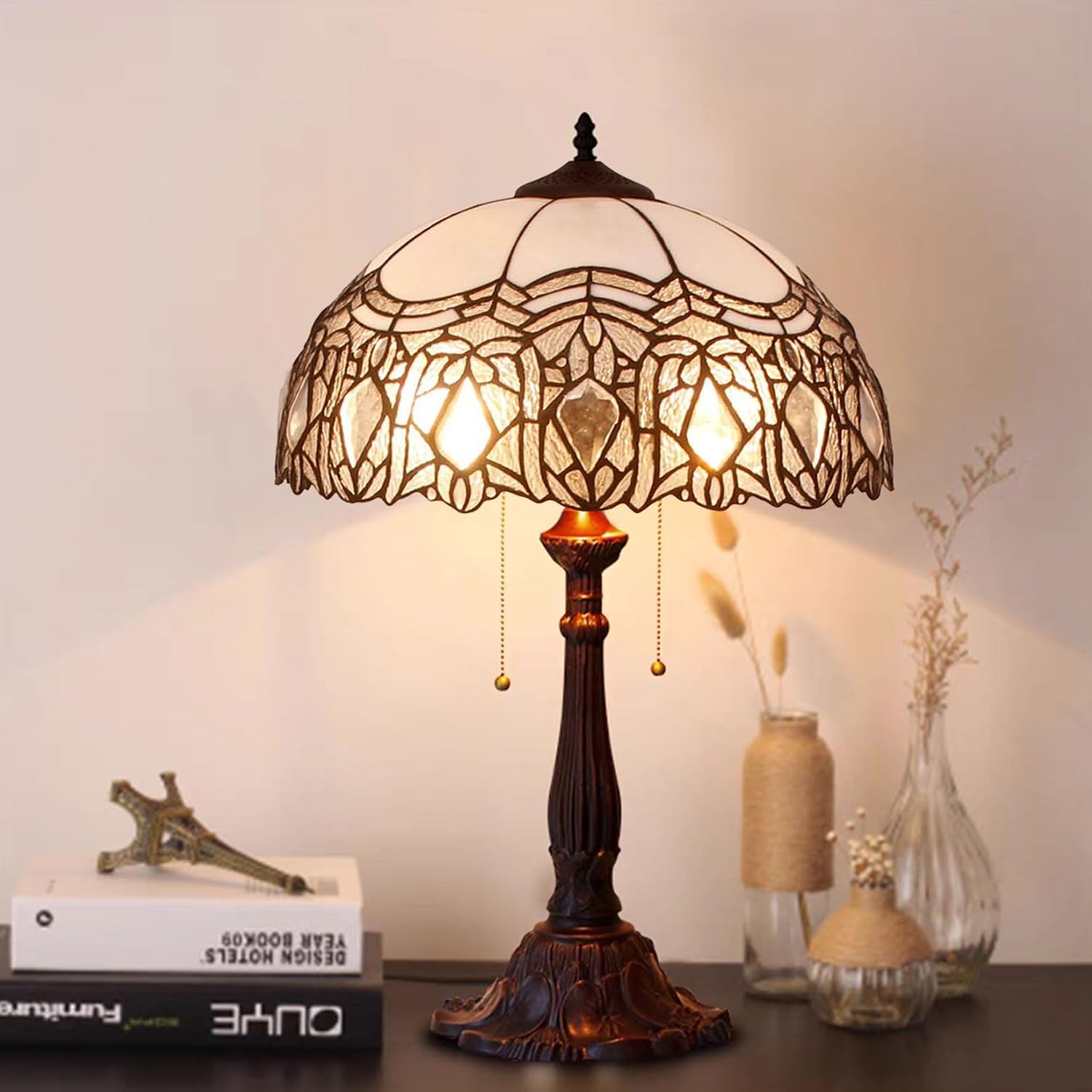 Tiffany Lamp shade, Only 16X9 Inch White Large Stained Glass Lampshades for Table Desk Floor Lampshade Replacement, Decor Bedroom Living Room Wedding Room Office
