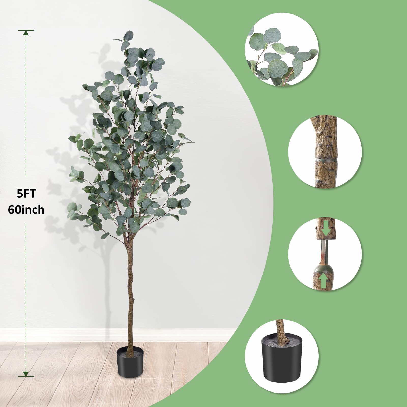 Artificial Eucalyptus Tree, 5FT Tall Faux Eucalyptus Tree, Artificial Plants with Realistic Trunk and Lifelike Leaves for Home Office Decor 5FT Fake Eucalyptus Tree for Home House Office Décor.