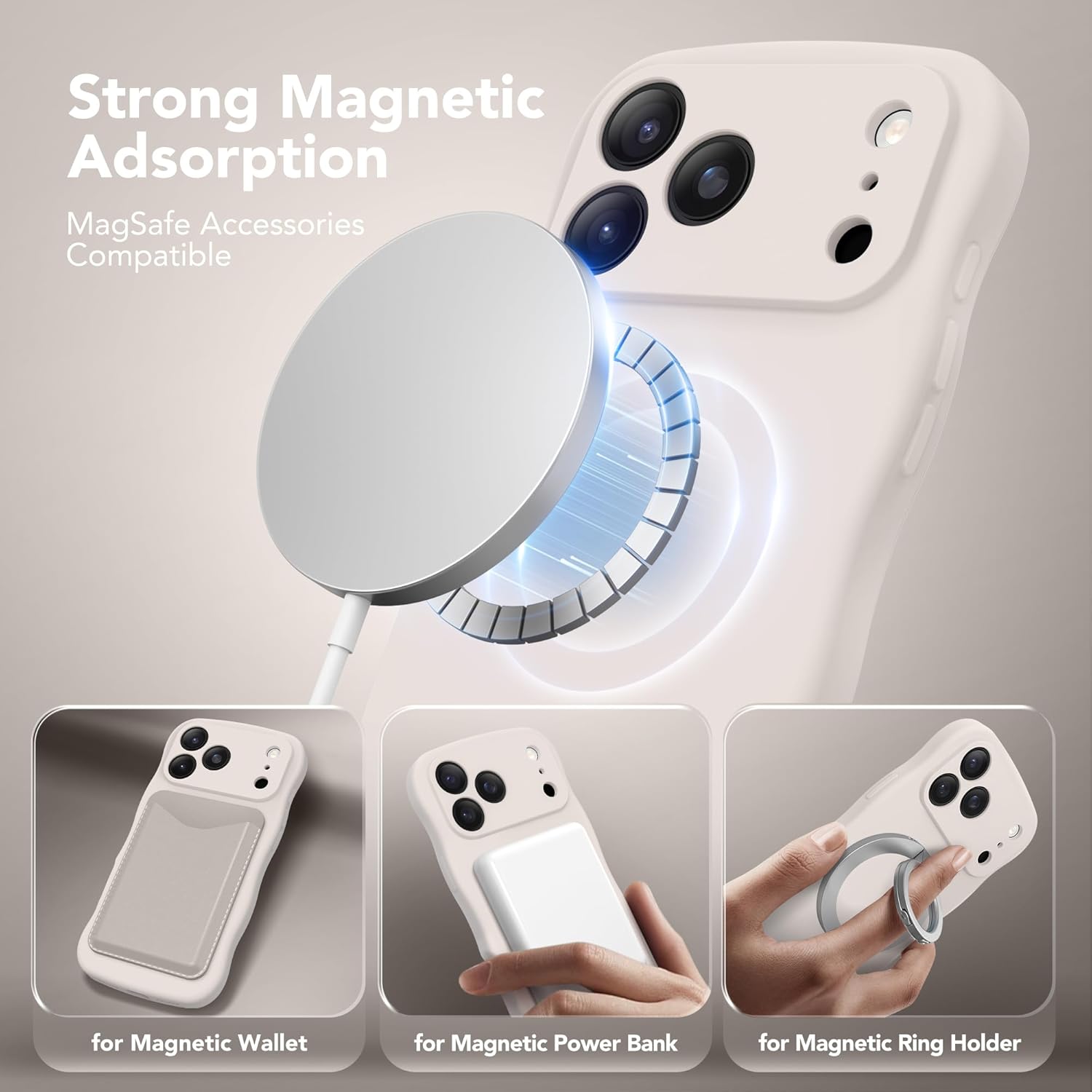 Magnetic for iPhone 17 Pro Max Case, [Full Camera Protection][Compatible with MagSafe] Cute Wave Frame Silicone Shockproof Protective Phone Case for iPhone 17 Pro Max 6.9", Stone
