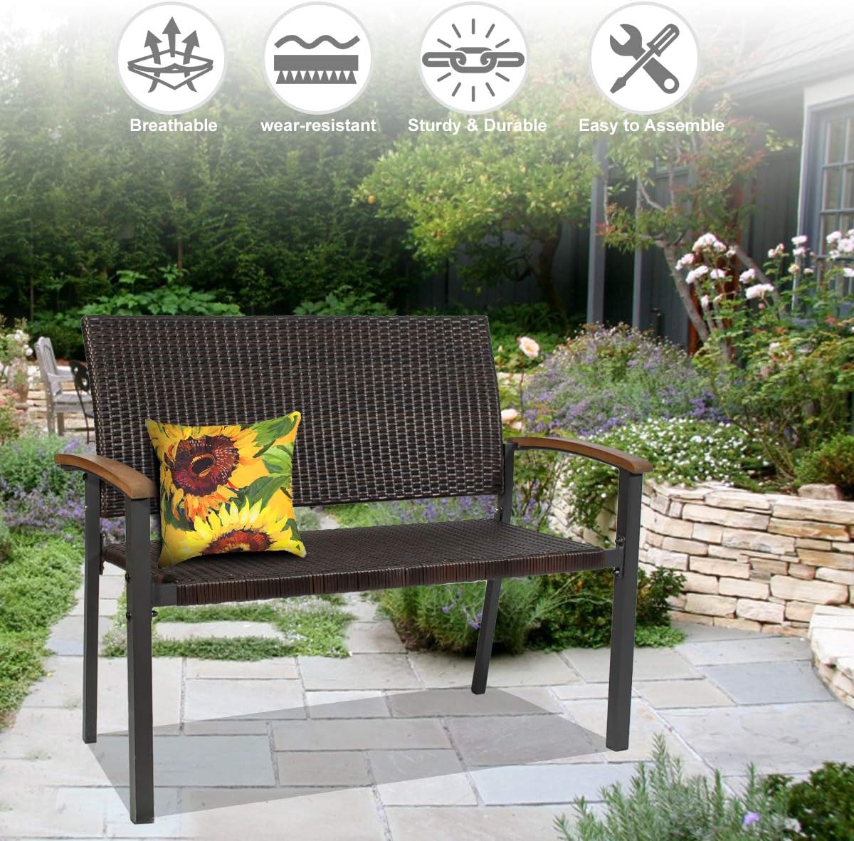 Go Beyond 2-Person Patio Wicker Bench Outdoor Seating Loveseat Chair,Modern Garden Bench Clearance with Wooden Handrail for Garden,Lawn,Backyard,Balcony,Deck,Poolside,Porch