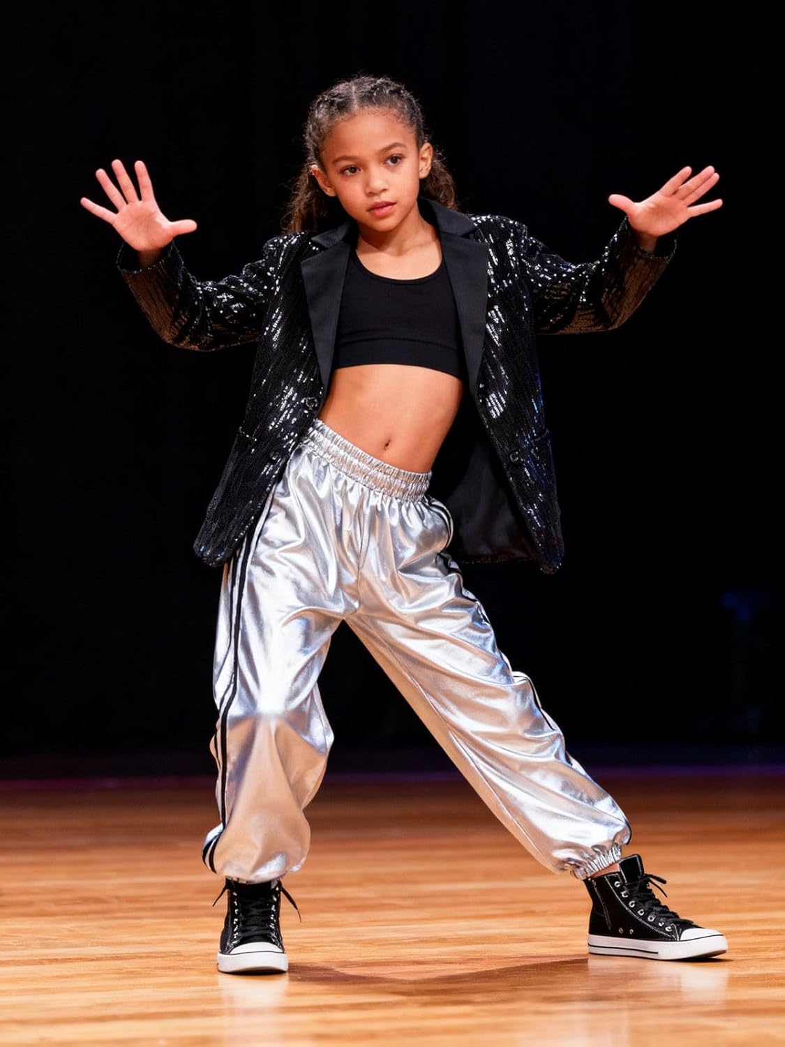 Girls Sequin Blazers Jacket Long Sleeve Notched Lapel Button Down Suit Coat with Pockets - Image 3