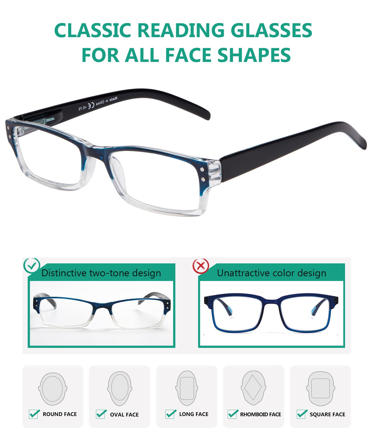 eyekepper 4 Paires Classic Lunettes de Lecture pour Femmes Hommes Rectangulaires avec Charnières à Ressort, Bleu 3.00