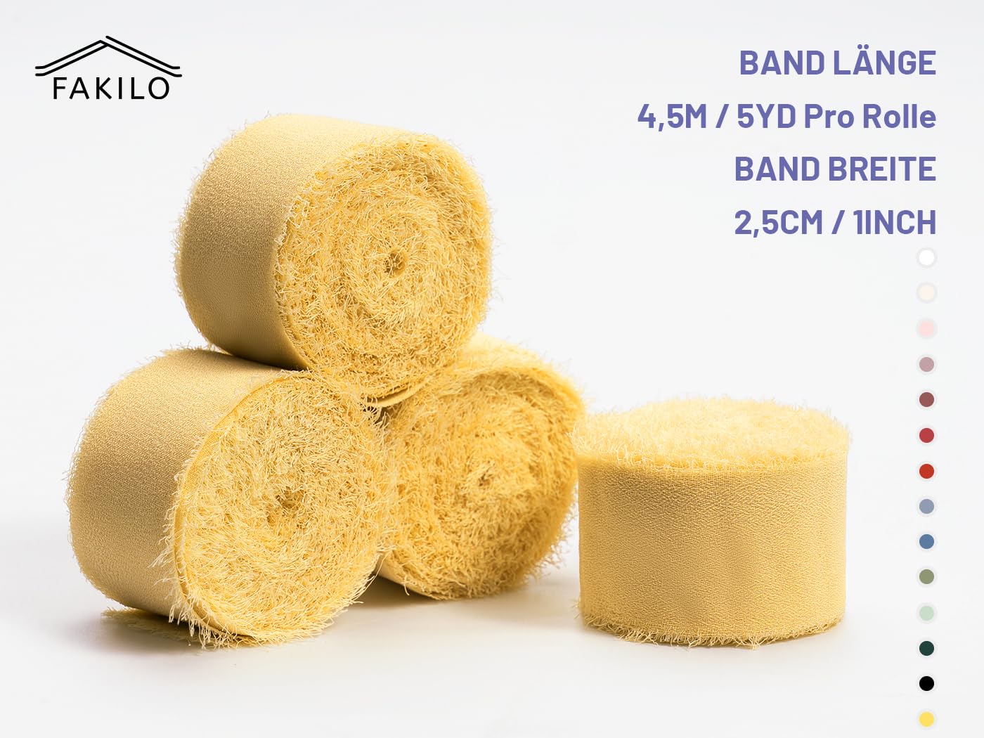 FAKILO Chiffon Ribbon with Frayed Edge, Yellow Silk Chiffon Ribbon 4 Rolls 1'' X 5 Yd for Wedding Invitations Bridal Bouquets - Image 2