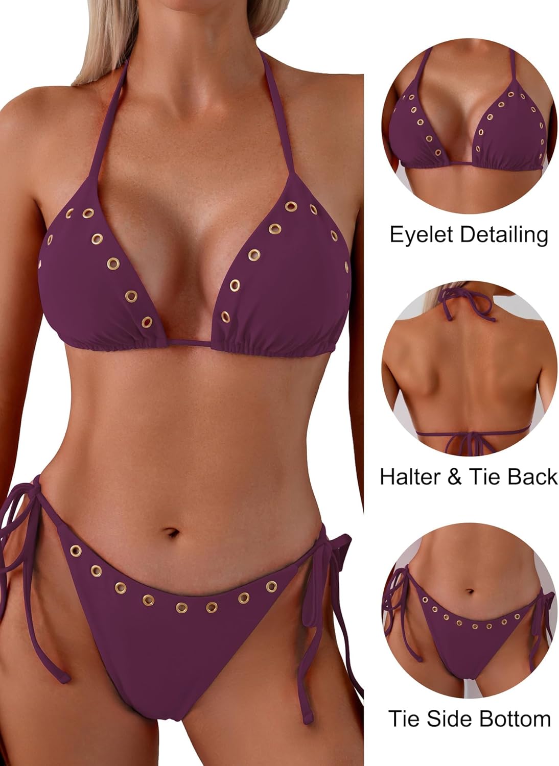 swimall Women's Triangle Bikini Sets High Cut Sexy Tie Two Piece Swimsuit Grommet Eyelet Halter Bathing Suit