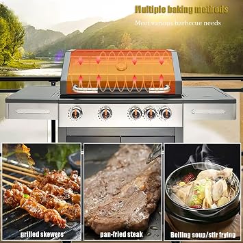 Gas 4B Outdoor BBQ Grill, Stainless Steel, Gray, 5 Burner Controls, Rolling Cart Design, 55.35x23.43x46.06 Inches