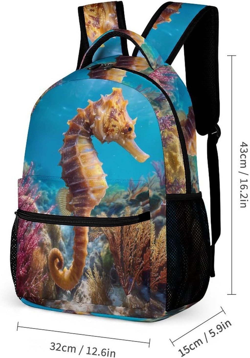 Seahorse in Ocean Funny Backpack 3 Piece Set Daypack with Lunch Bag And Pencil Case for Outside Activities Travel image 2