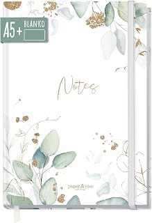paper&you Notebook A5+ Blank with Elastic Band "Gold Leaf" 156 Pages, 78 Sheets - a…
