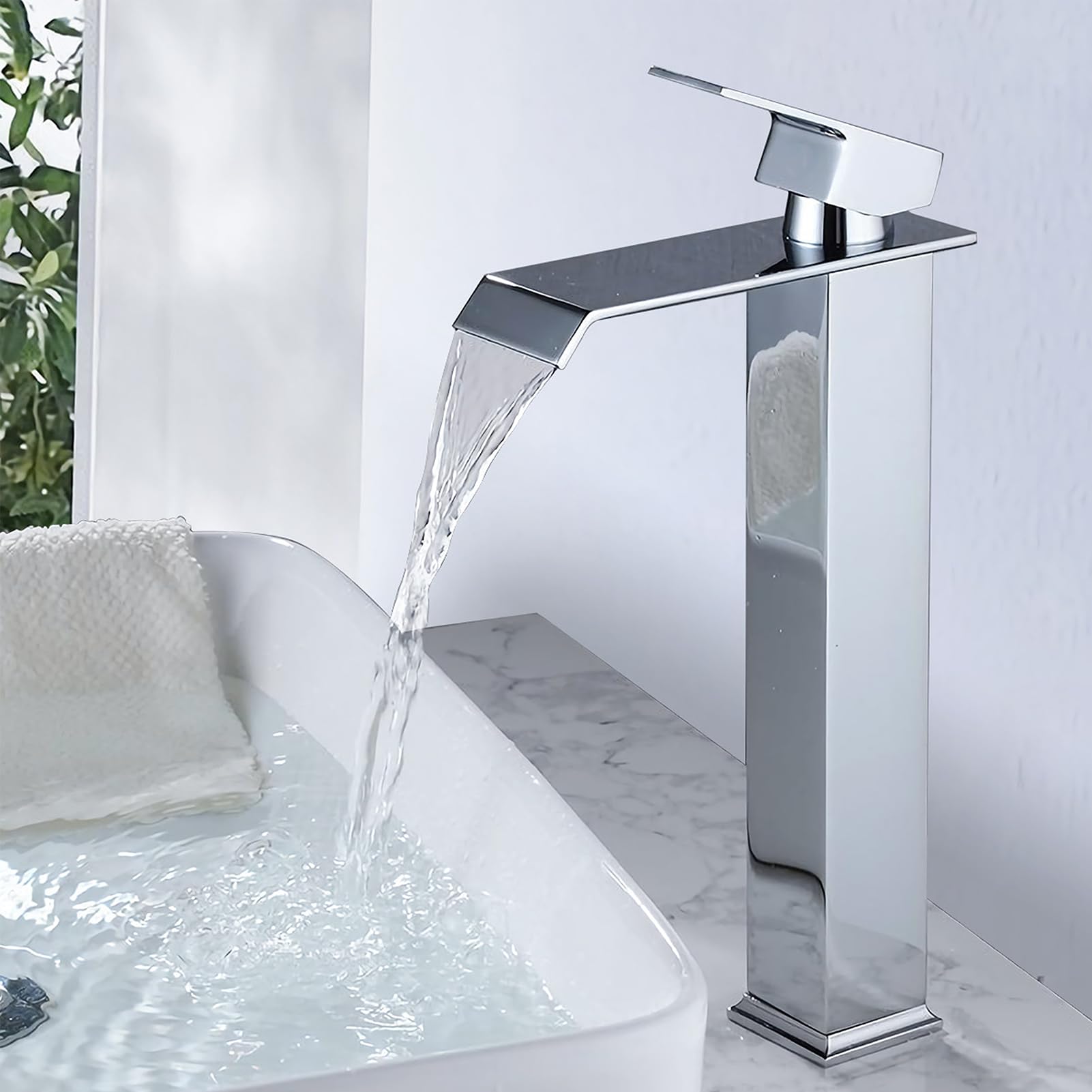 XWIHTR Rubinetto a cascata per bagno, rubinetto per lavabo a una maniglia, risparmio idrico, rubinetto per lavabo, bocca calda e fredda, rubinetto per bagno in acciaio inox e ottone(cromo-h)