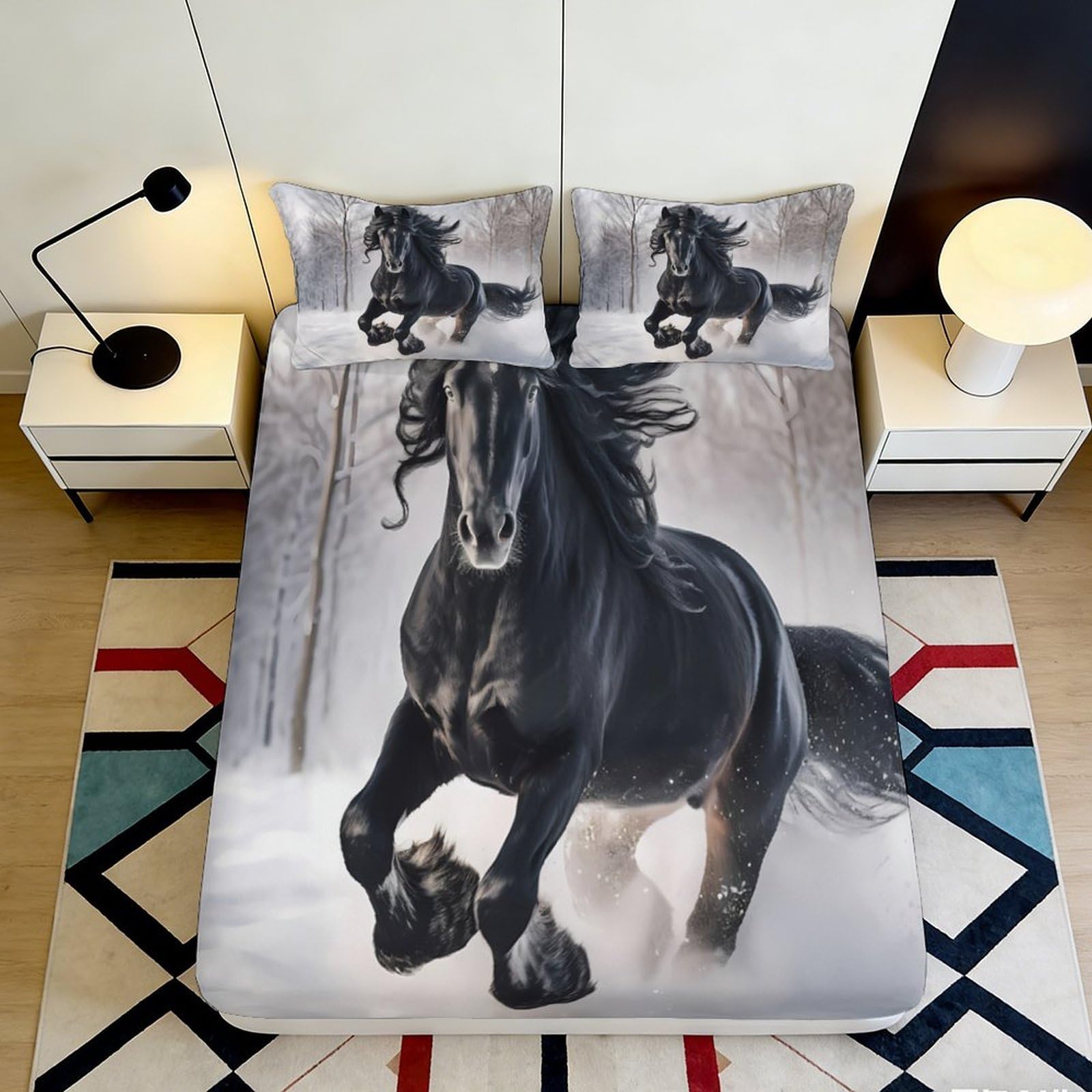 Uynsixtme Style-5 3D Printed Black Horse Fitted Sheet Microfiber Deep Pocket Bedroom Bedding Set Black Horse Mattress Fitted Cover Washable All Ages 140X200x25cm