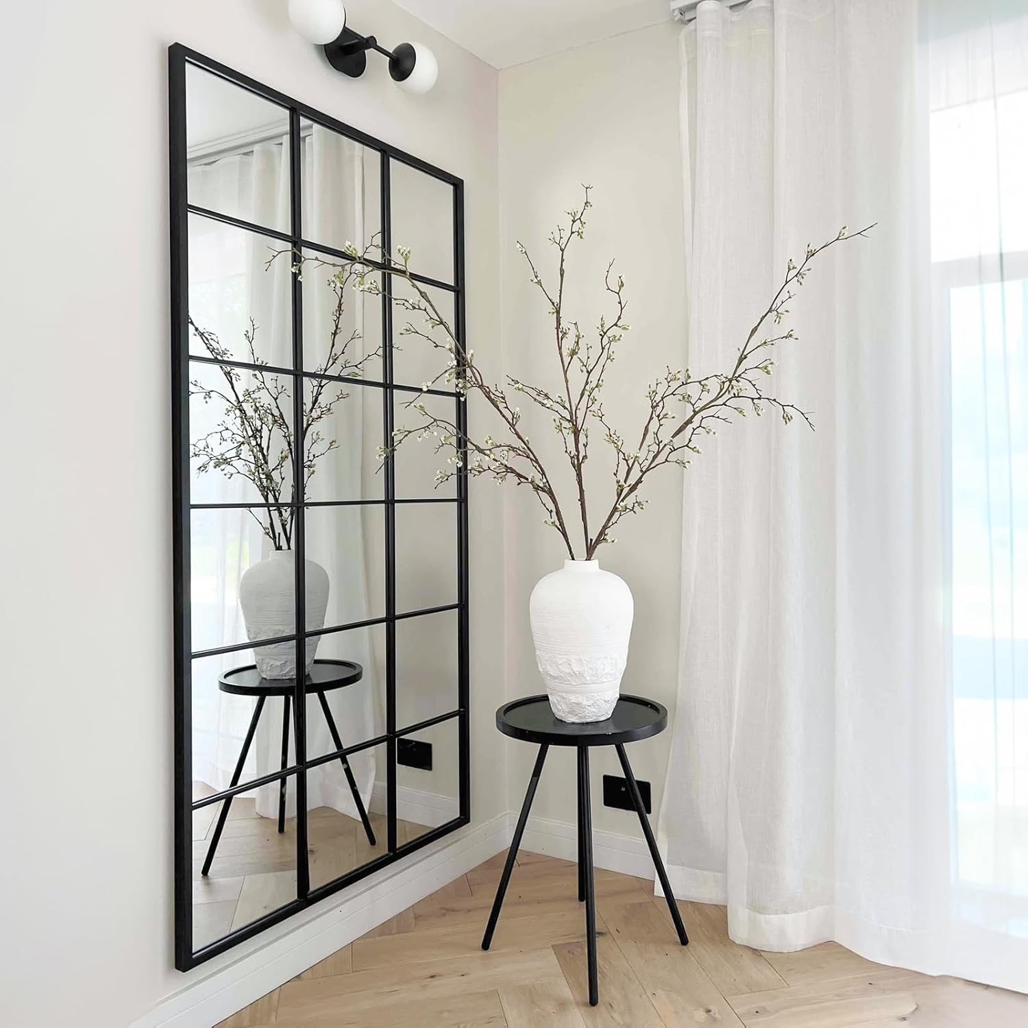Windowpane Mirror Full Length,70x35 inch Black Oversize Art Pane Grid Farmhouse Rectangular Standing Floor Mirrors for Bedroom, Living Room, Entryway