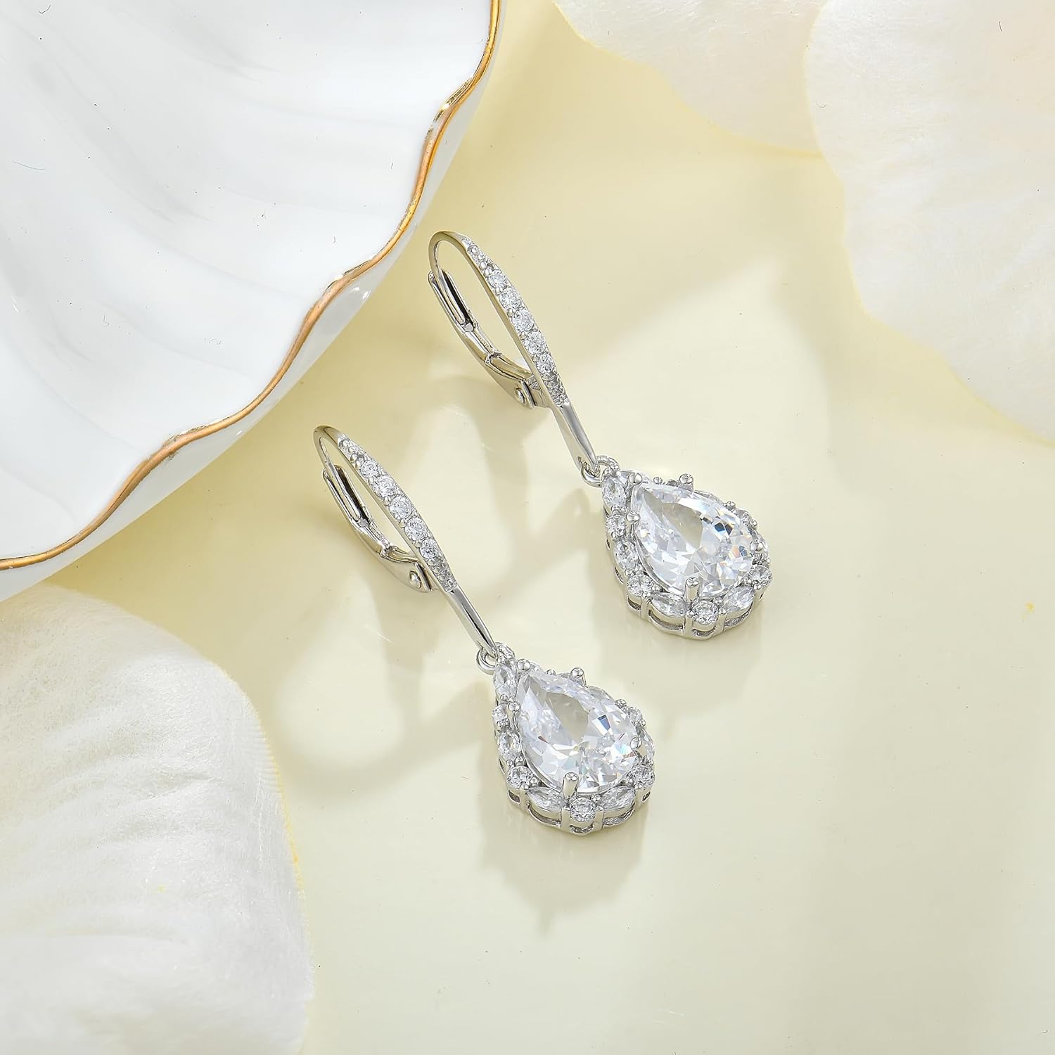 Women Earrings 925 Sterling Silver Birthstone Halo Teardrop Drop & Dangle Earrings Leverback Earrings 7 * 10mm 5A Cubic Zirconia Jewelry - Image 4