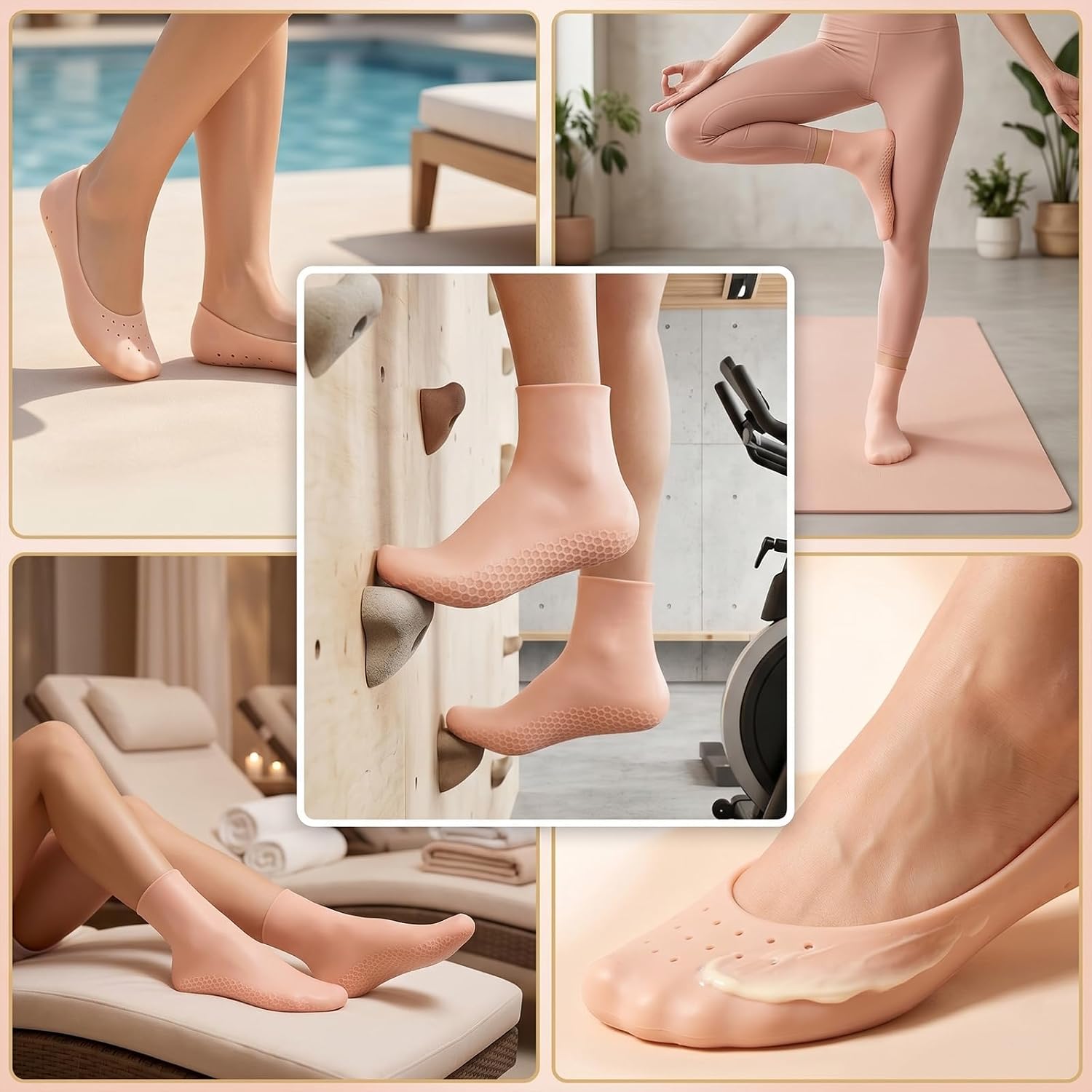 3 Pairs Multi-Size Silicone Socks - Moisturizing Gel Socks for Dry Cracked Feet, Anti-Slip Rubber Foot Socks - Nude Silicone Feet