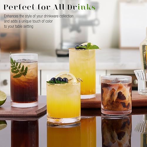 Miniatura 5 de Ribbed Glass Cups Set of 8 - 4 Large Capacity Highball Glasses 17oz, 4 Rocks Glass Cups 12oz, Cocktail Glasses, Drinking Glasses Ideal for Beer,
