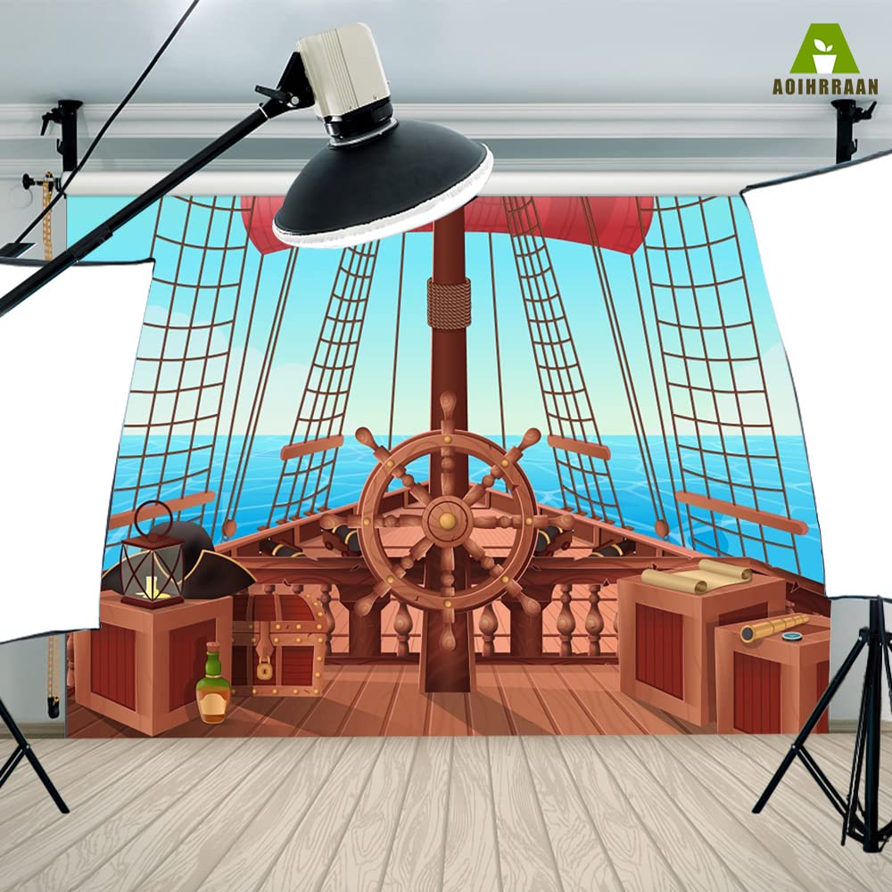 Aoihrraan 2,2x1,5m Dibujos Animados Pirata Barco FondoBote Timón Madera Cubierta Caja Azul Mar Vela Fotografía FondoNiño Niño Cumpleaños Aventura Tema Fiesta Bebé Ducha Niños Retrato Foto Accesorios
