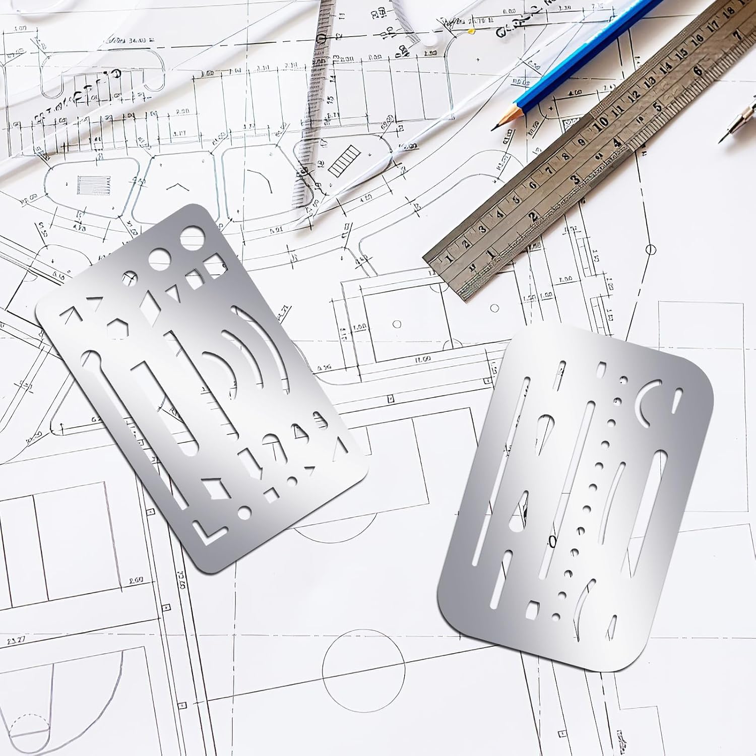 4 pezzi 27 e 26 schemi di gomma in acciaio inox per cancellare modelli durevoli strumenti da disegno versatili per cancellare strumenti di disegno ingegneristico (argento)