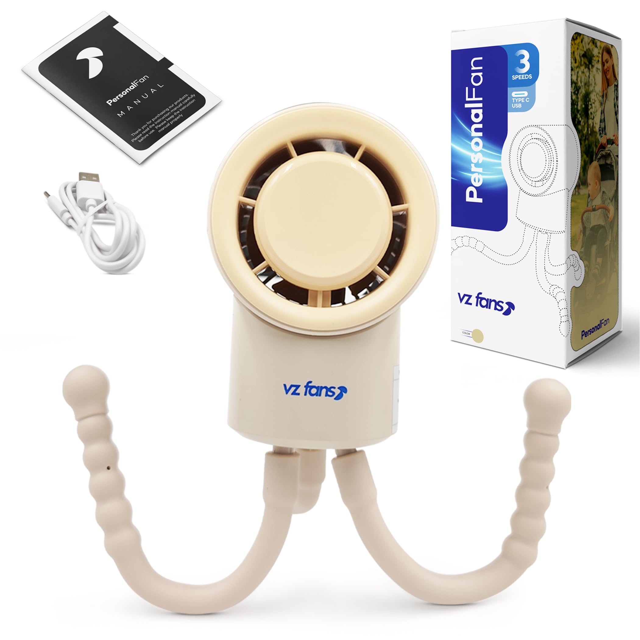 VZ Fans Baby Safe Portable Fan, Battery Operated Fan, Stroller Fan, Handheld Fan, Rechargeable USB-C, 3 Speeds, Mini Baby Fan – Personal Fan for Baby Travel Accessories. Flexible Tripod Cooling Fan