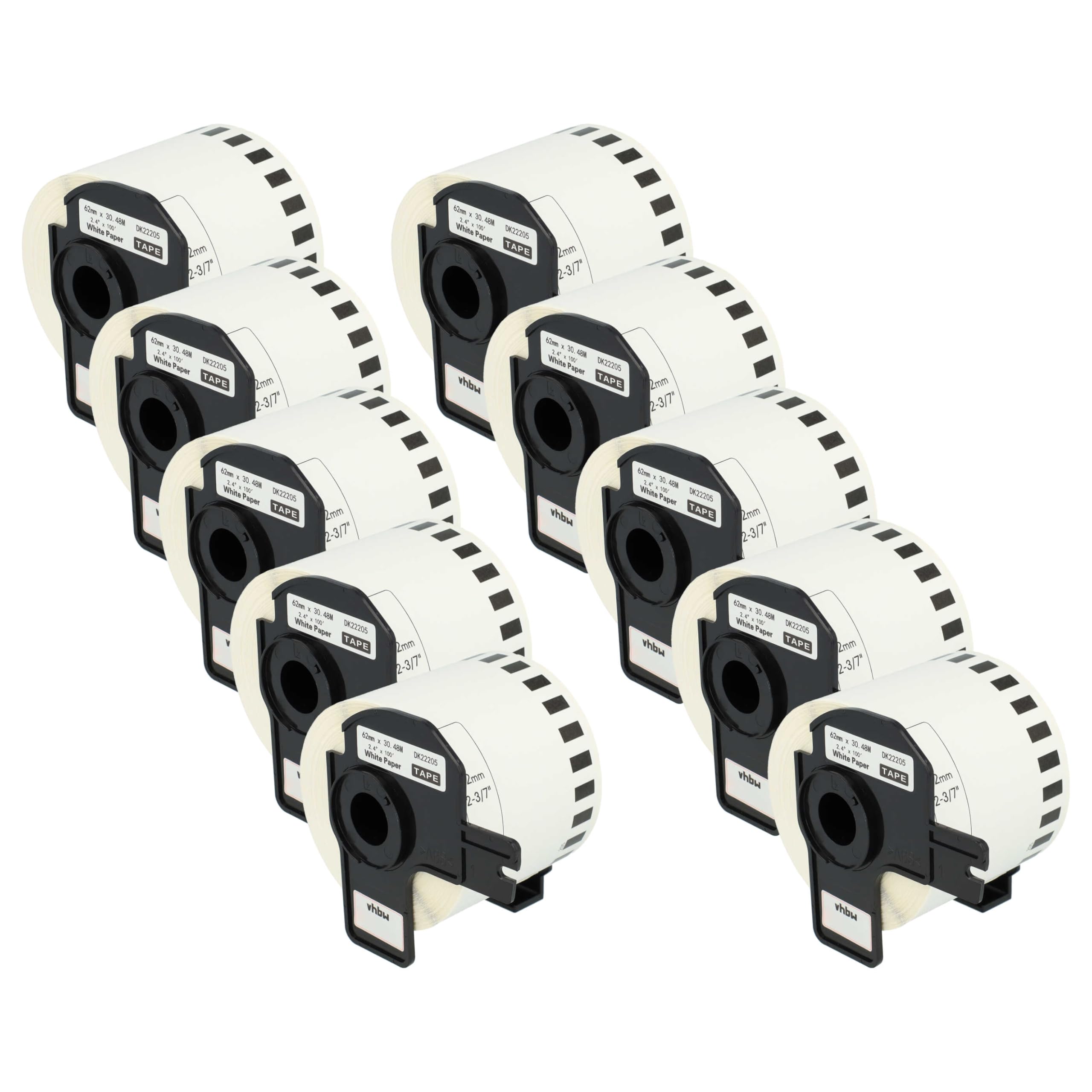 vhbw 10x rotolo etichette con supporto 62mm x 30,48m (1 etichetta) compatibile con Brother PT QL-1050, QL1050N, QL-1060, QL1060N etichettatrice bianco