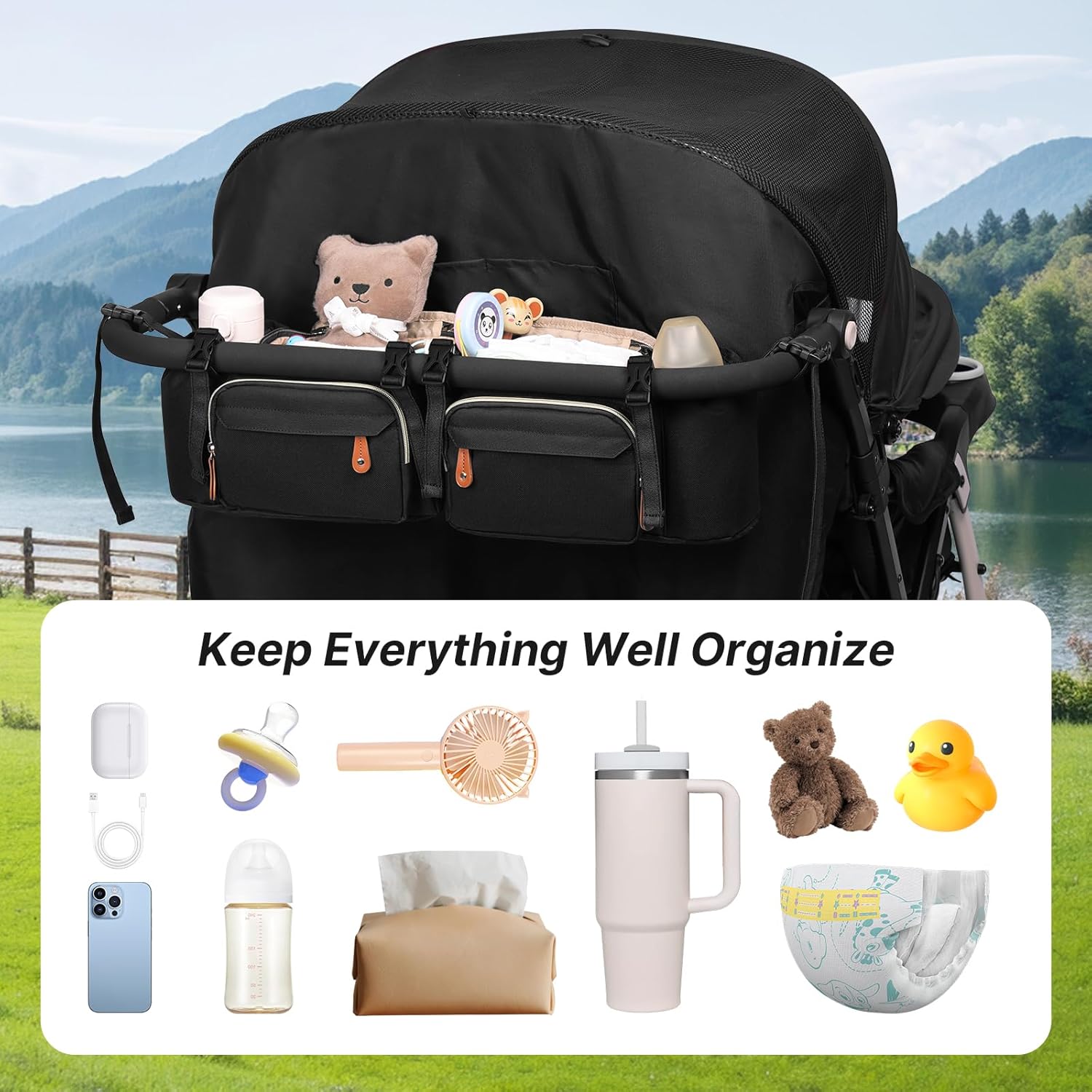 Boomistry Double Stroller Organizer for Bob Duallie and Baby Jogger City Mini GT2, Double Stroller Caddy Organizers with Cup Holder and 2 Cooler Pockets Parent Console Double Stroller Accessories
