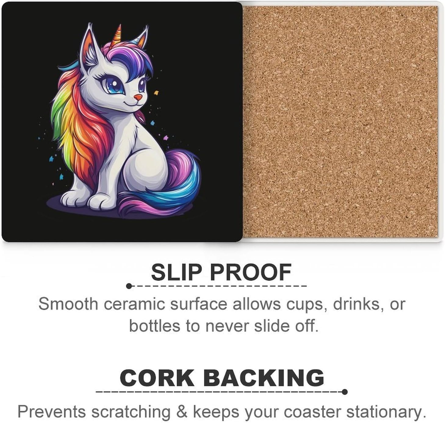 Rainbow Cat Coasters for Drinks Square Table Coasters Set Cup Mats with Cork Base