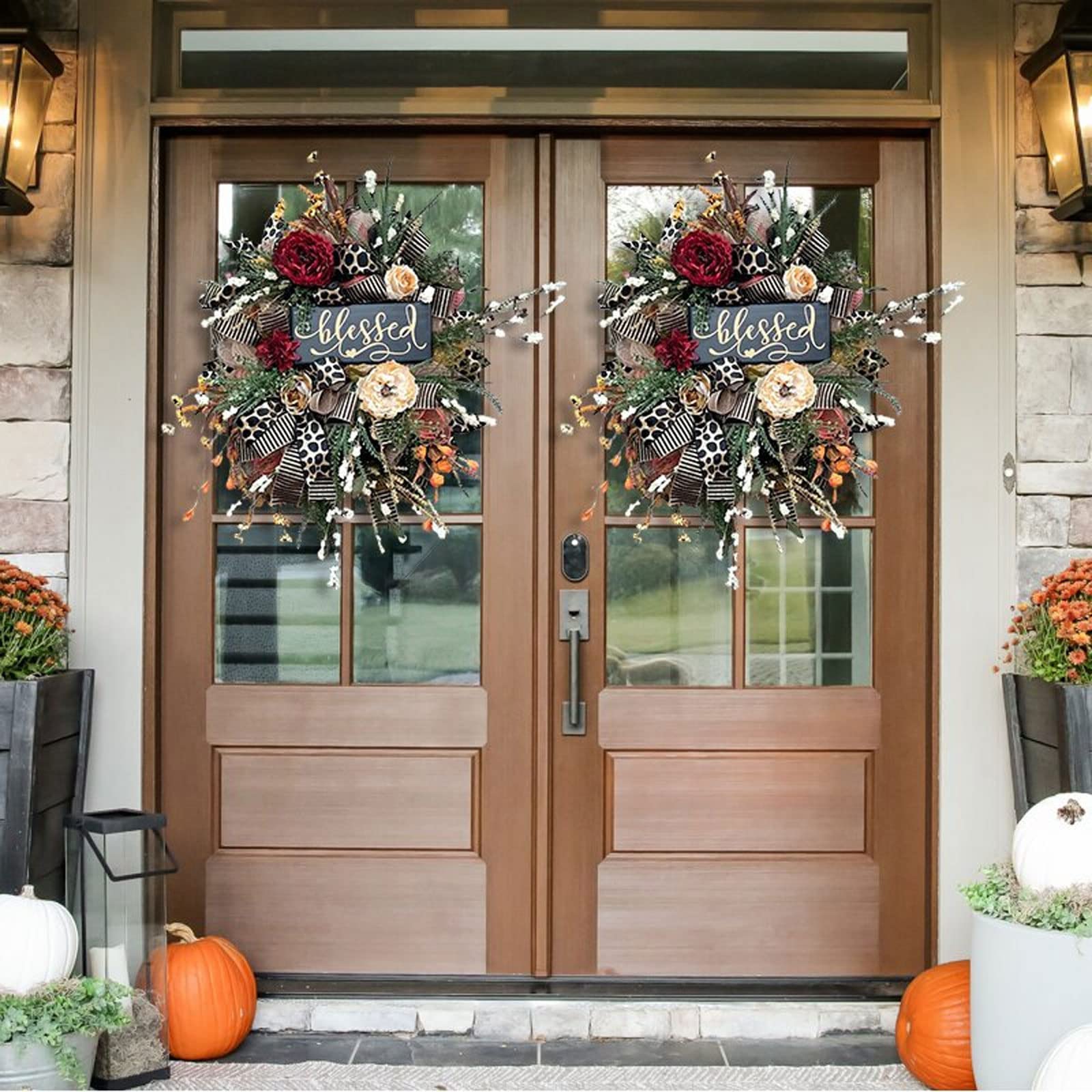 Couronne De Porte Automne Avec Épouvantail - Décoration Halloween Thanksgiving - 25x35 Cm