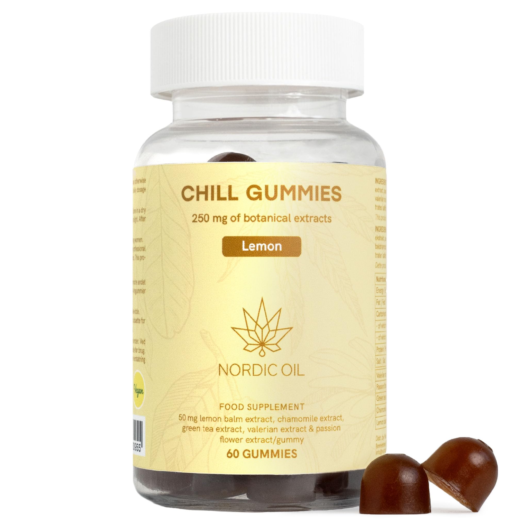 Gomma No Stress | 60 gomme vegane | 250 mg estratti vegetali per gomma | valeriana, passiflora, tè verde, camomilla, melissa | Stress & Relax | Nordic Oil