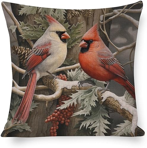 Fundas de almohada decorativas de 18 x 18 pulgadas, estilo vintage, acuarela, pájaros rojos, cuadradas, suaves, fundas de cojín para sofá, invierno,