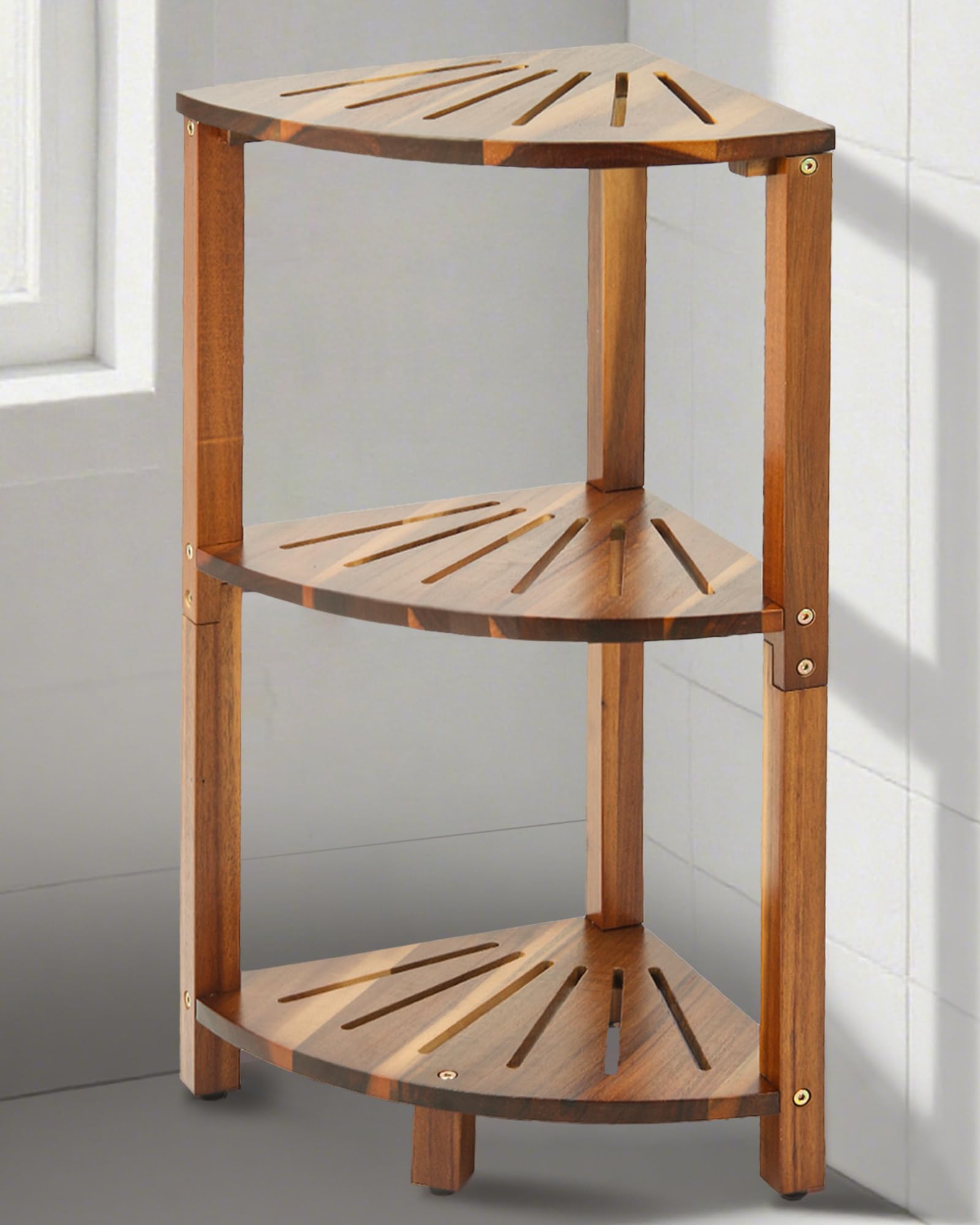 IBosins Corner Shower Caddy Standing 3-Tier Bathroom Shower Shelf for Inside Shower Natural Acacia Wood Organizer Storage for