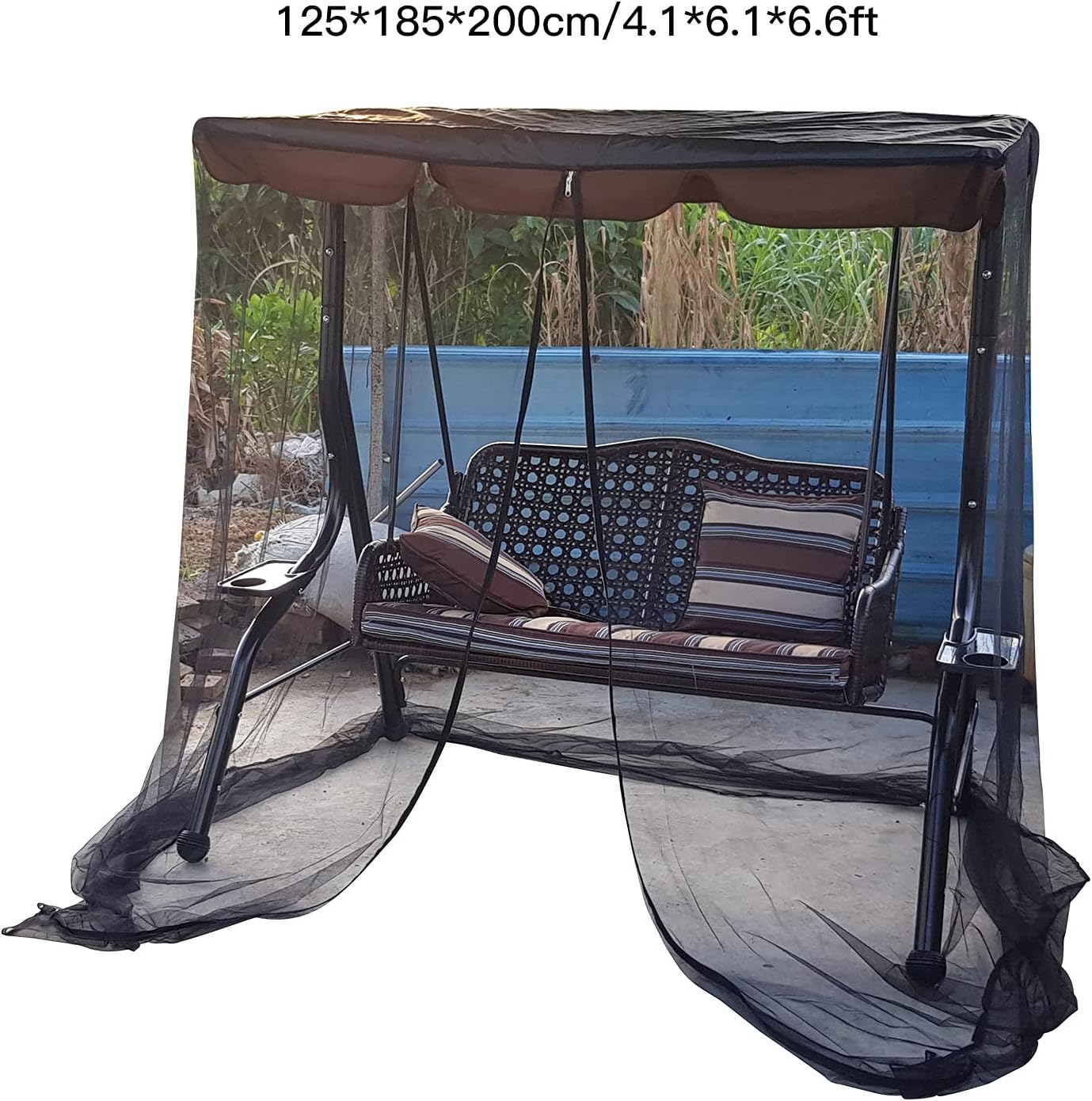 4 x 6 x 6.5 ft Outdoor Swing Chair Mosquito Net, Polyester Mesh Screen with Zipper Opening and Roof Waterproof Top Cloth, Patio Mesh Mosquito Netting