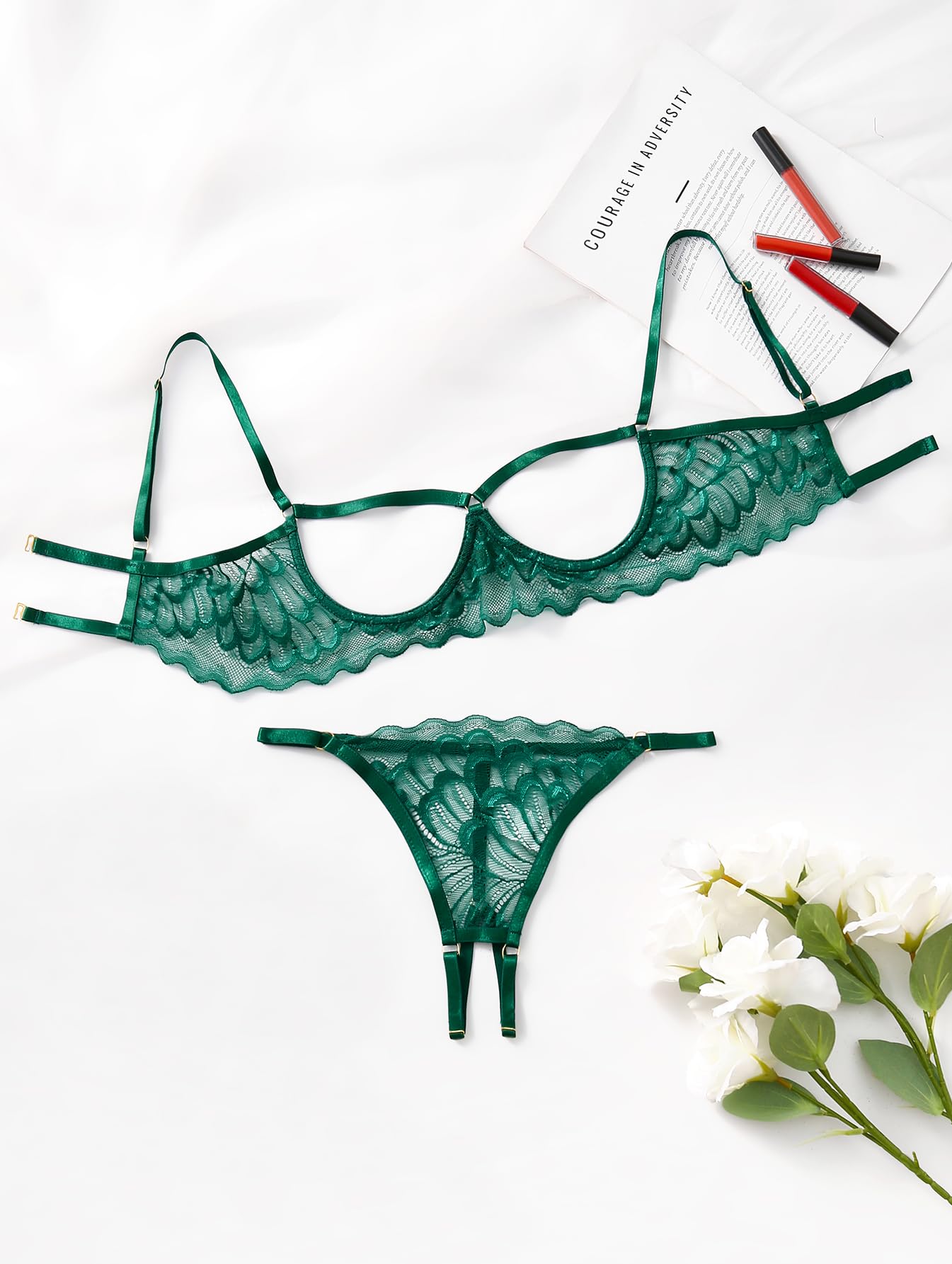 Lilosy Sexy Underwire Floral Lace Sheer Lingerie Set for Women See Through Bra and Panty 2 Piece: Large Army Green