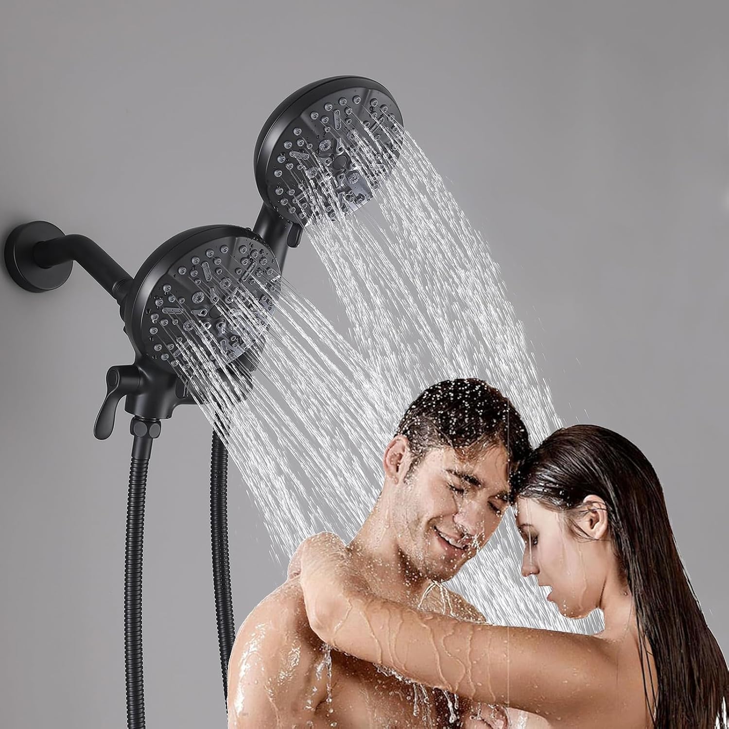 Dual Shower Head with Handheld Bathroom Double Shower Heads High Pressure 3-Way Rainfall Combo with SUS304 Hose 7-Setting Showerhead and Hand Held Shower Separately or Together Matte Black