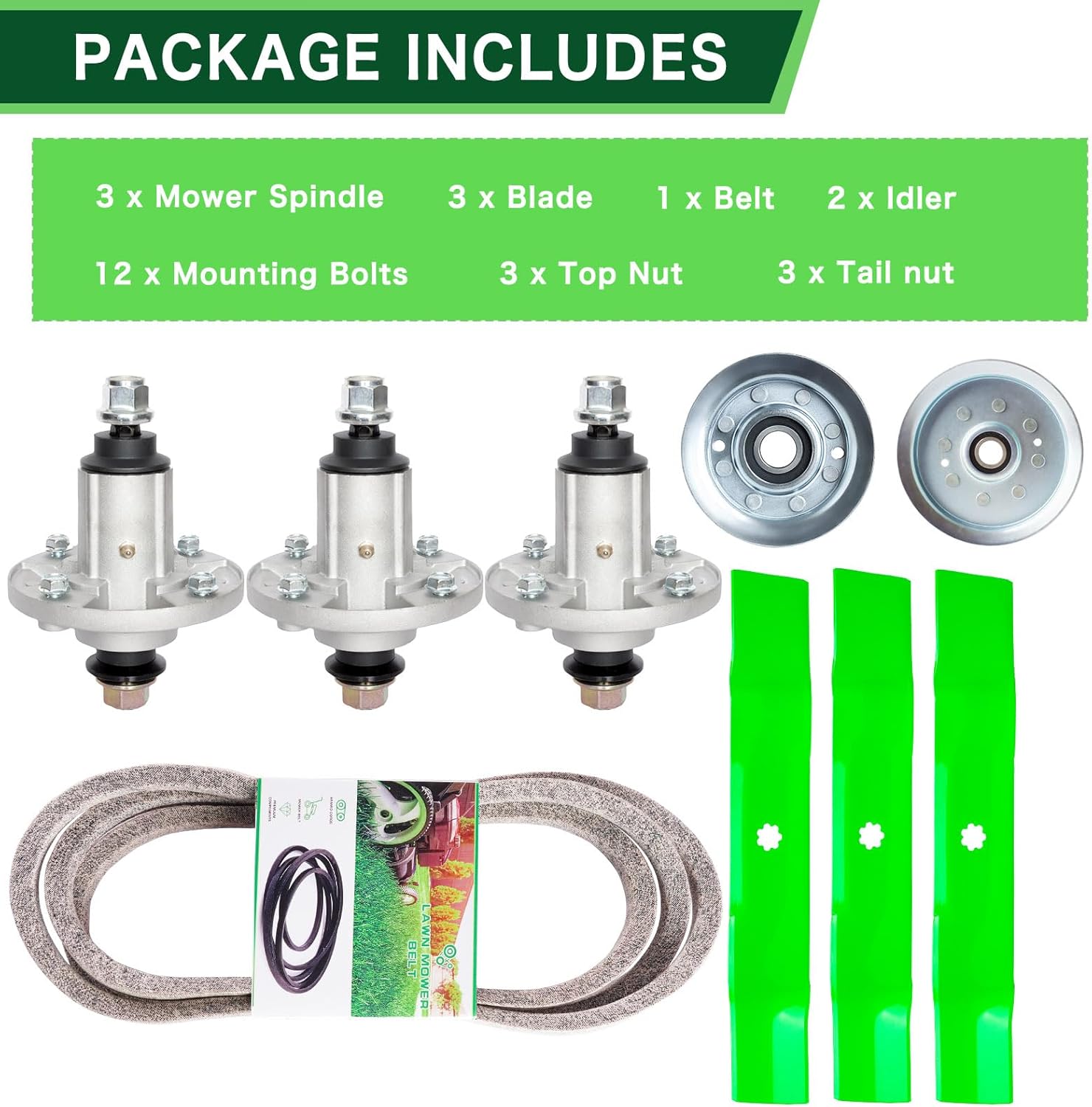 48 inch Deck Rebuild Kit Fit for John De ere E150 E140 E170 X165 E160 E100 Lawn Mower Includes (3) Spindle GY21098 (3) Blade GY20852 (2) Idler GY20067 GY22082 (1) Be lt GX20571