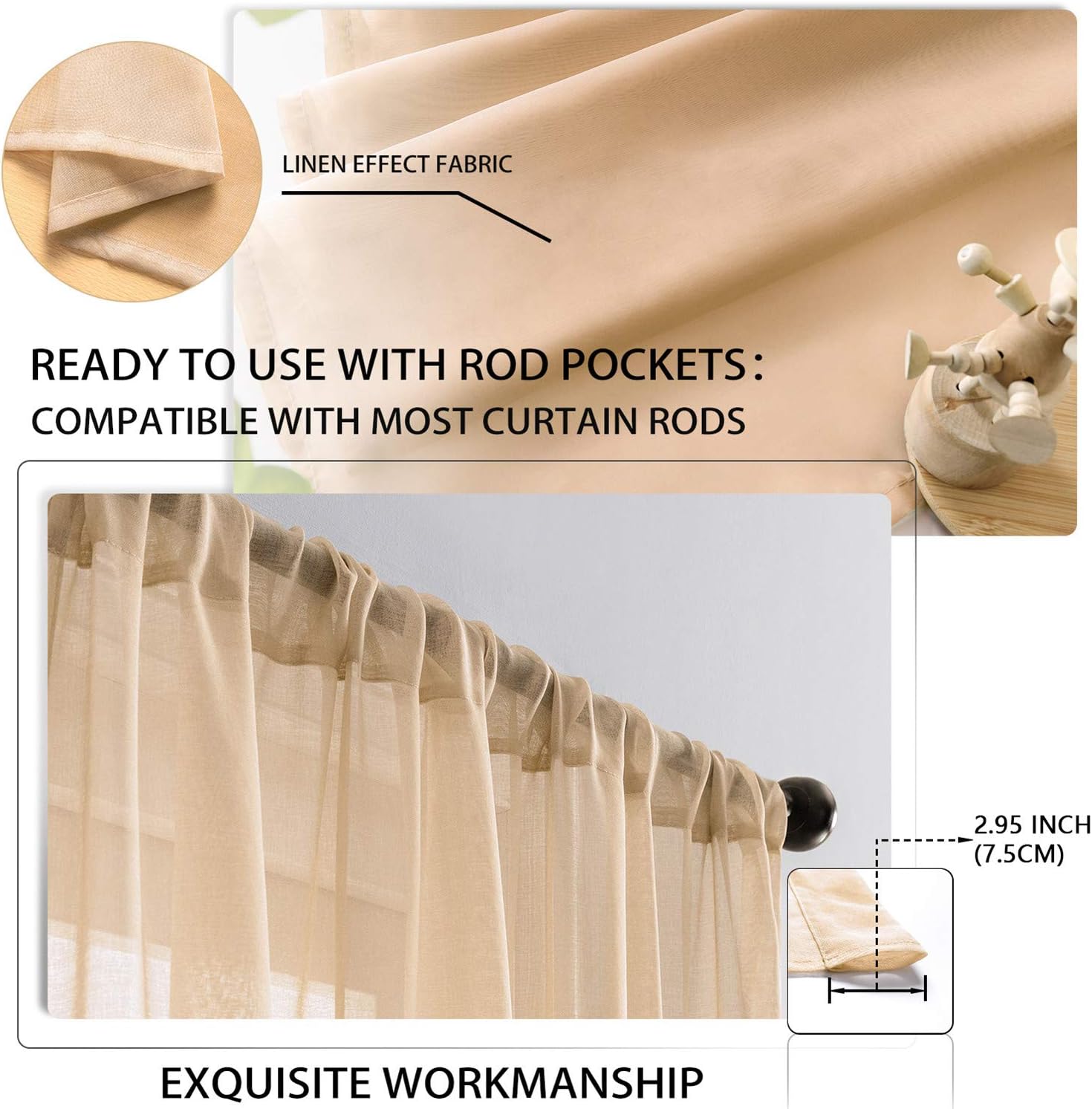 MRTREES Voile Curtains 57 Drop 2 Panels Faux Linen Rod Pocket Sheer Curtain Panel for Bedroom Living Room Patio Door 55x57 Drop 140cm x 145cm Light Brown - Image 3