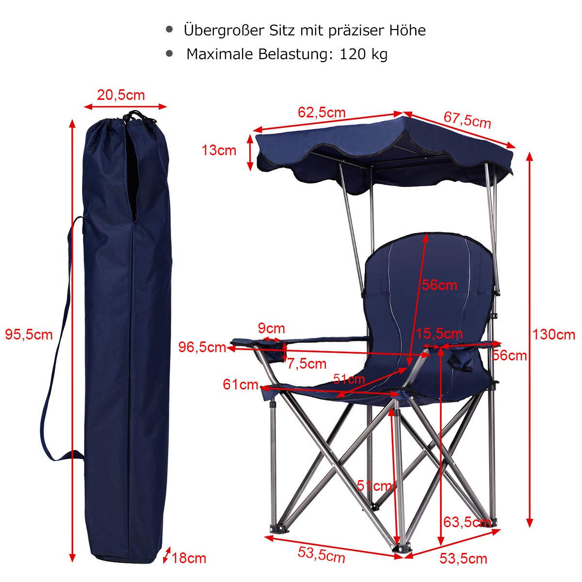 COSTWAY Campingstuhl faltbar mit Sonnenschutz, Klappstuhl mit Getränkehaltern, Angelstuhl XXL, bis 120 kg belastbar, Faltstuhl mit Tragetasche, für Camping, Angeln