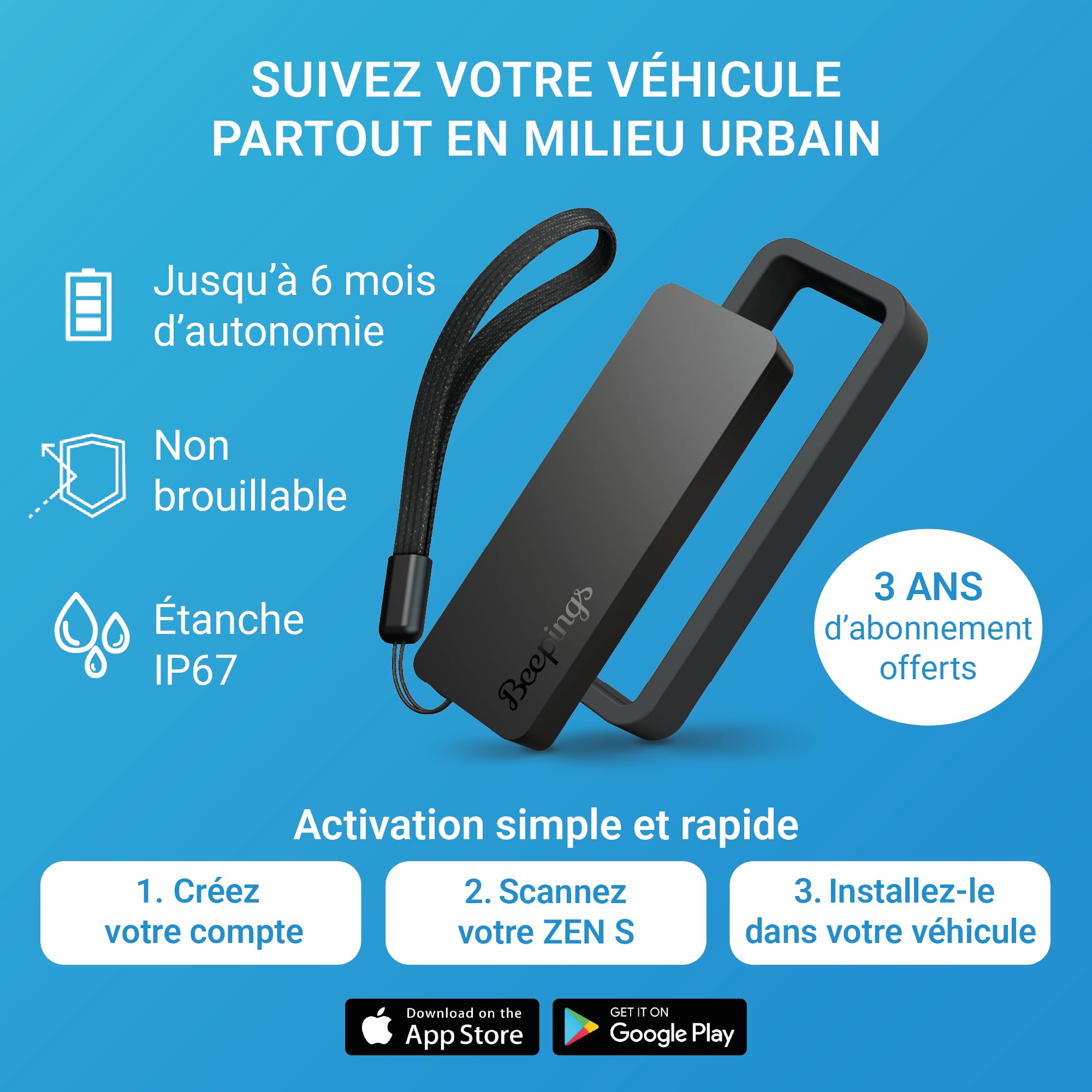 Tracker GPS Zen S - Non Brouillable - 3 Ans d'Abonnement Offert - Sac, Trottinette, Moto, Voiture - Alertes Antivol - Jusqu'à 6 Mois d'Autonomie - sans Carte SIM - Etanche - Milieux urbains