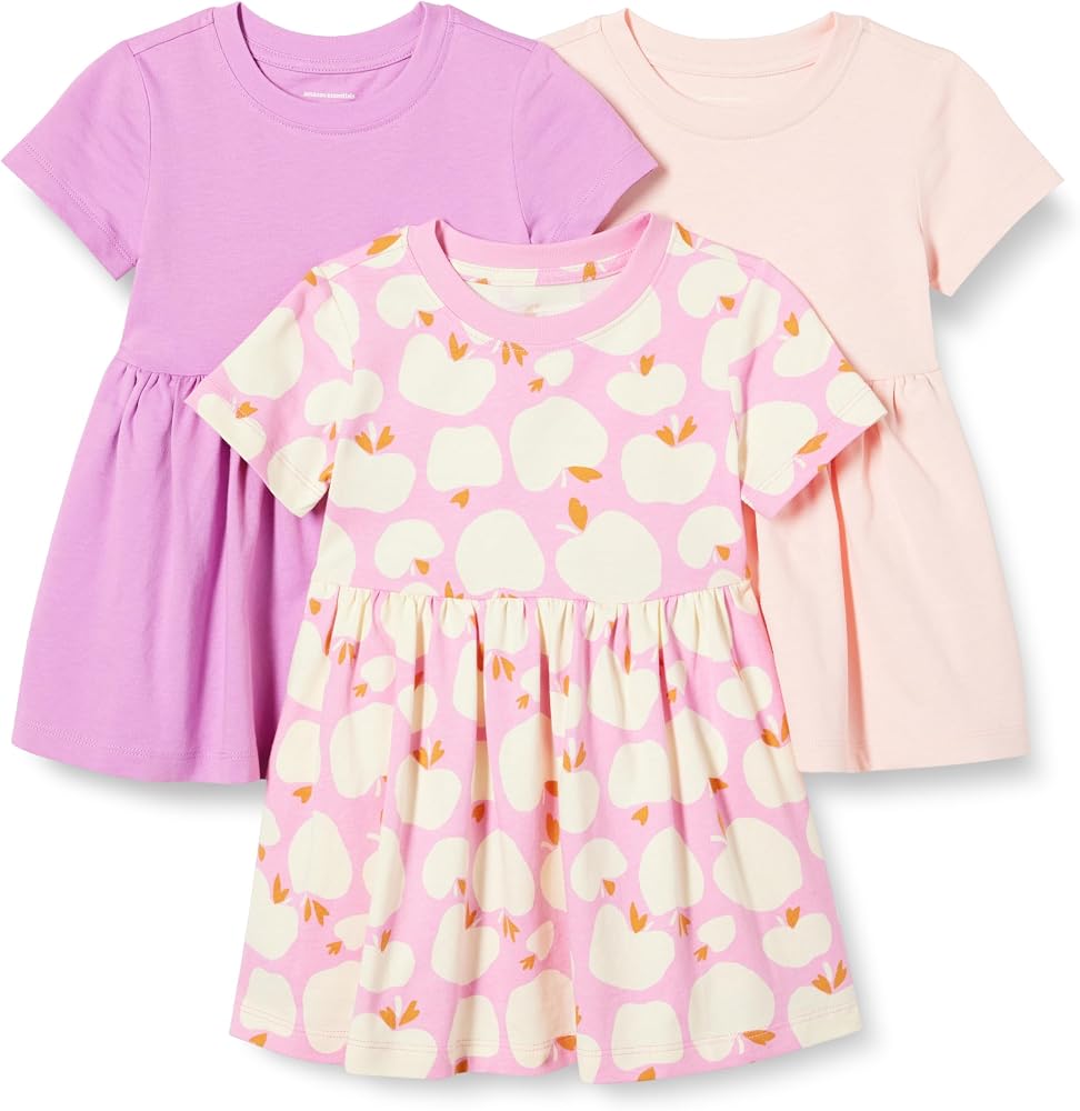Girls and Toddlers' Short Sleeve Stretchy Cotton Jersey Dress, Breathable, Pack of 3