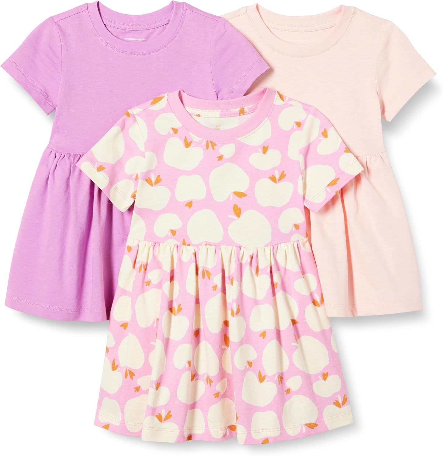 Amazon Essentials Girls and Toddlers' Short Sleeve Stretchy Cotton Jersey Dress, Breathable, Pack of 3