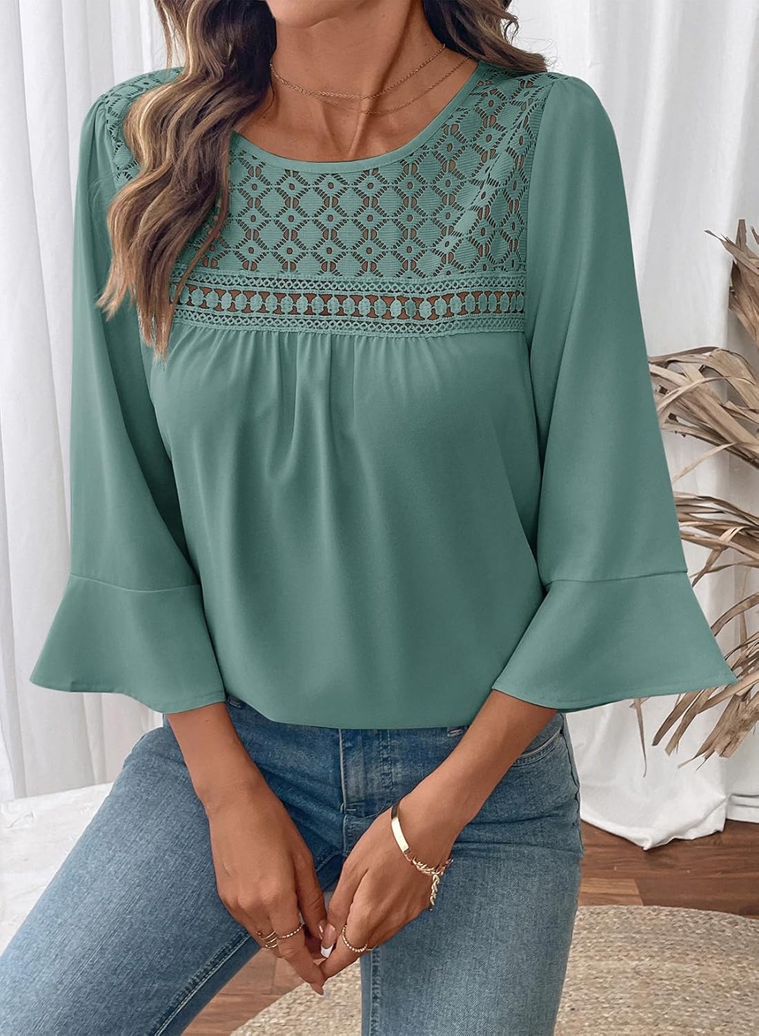 Dokotoo Women's 2025 Fall Fashion Tops 3/4 Sleeve Crewneck Shirts Casual Chiffon Boho Lace Blouses - Image 4