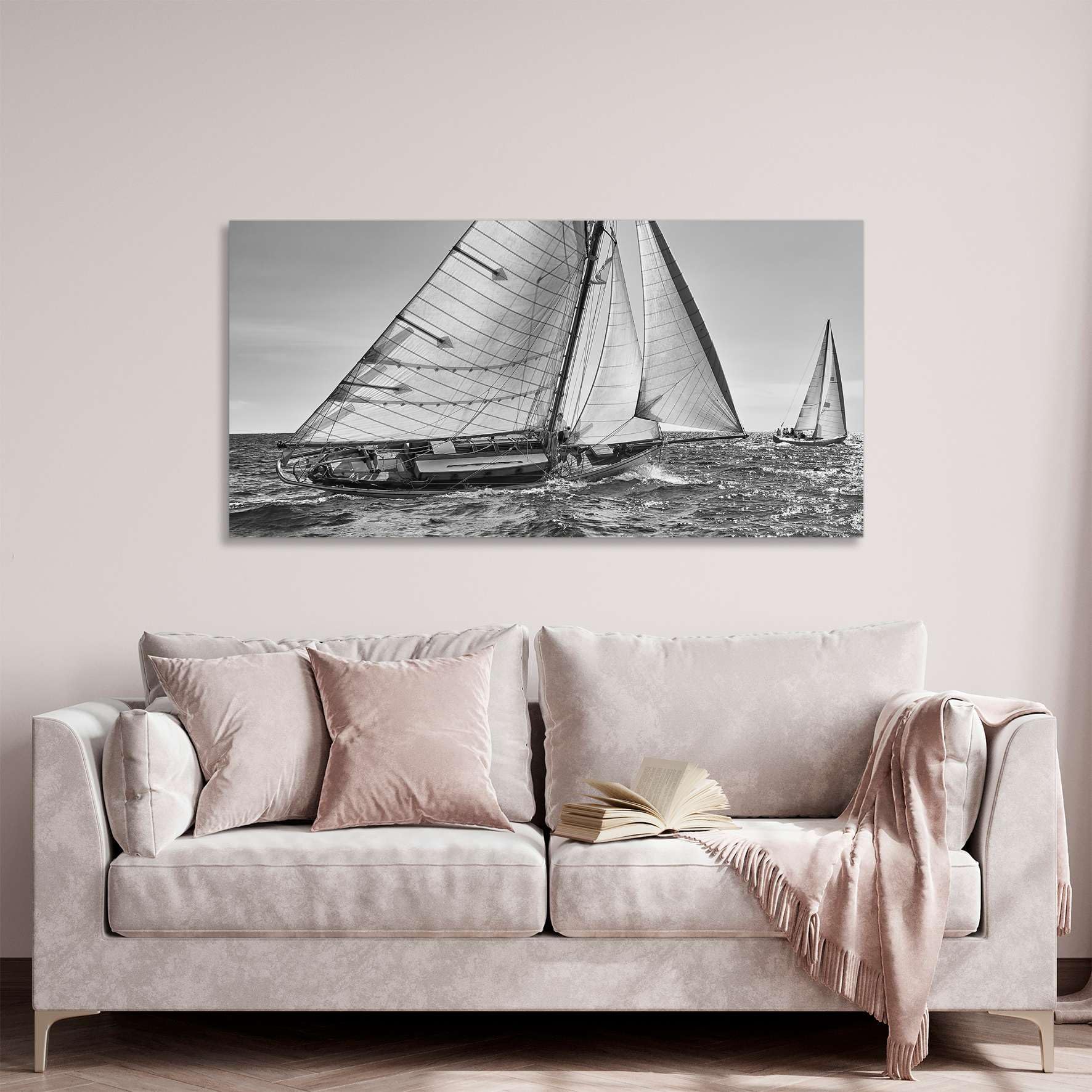 Generico Barca a vela in bianco e nero - quadro stampa su tela con telaio in legno - 160x80 cm