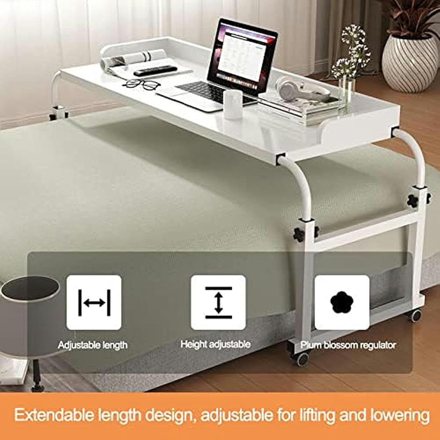 Overbed Table Computer Laptop Table, 115-210cm Bed Table Rolling Storage Trolley Laptop Desk with 4 Wheels Height Adjustable 65-95cm for Working Dinning Home Bedroom