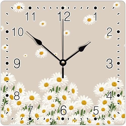 Reloj de pared cuadrado de madera de estilo rústico con margaritas blancas con números arábigos, funciona con pilas, reloj silencioso sin tictac
