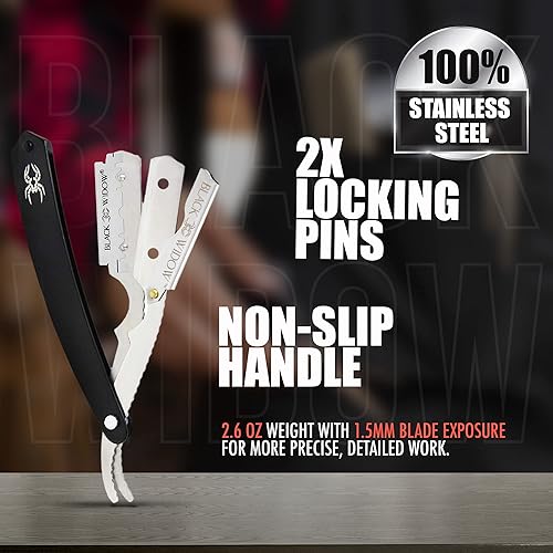Miniatura 7 de Black Widow - Maquinilla de afeitar recta de barbero profesional, de borde recto, compatible con cuchilla de afeitar recta para barbero (0.059in)