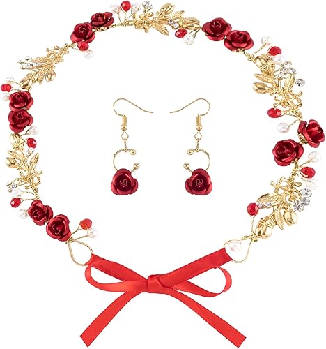 PAGOW Red Flower Crowns for Women, Rhinestone Red Rose Hair Accessories Bride Earrings, Crowns Tiaras Headbands Headpiece Hair Jewelry for Women Wedding Engagement Birthday Christmas