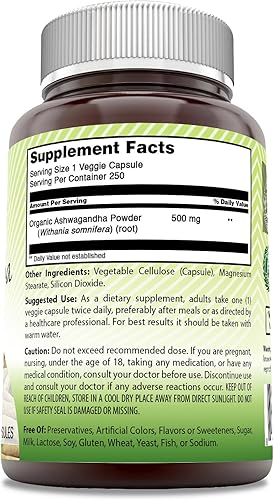 Miniatura 2 de Amazing India Ashwagandha natural  500 mg por porción  Cápsulas vegetales  Sin OMG  Sin gluten  Fabricado en Estados Unidos (250)