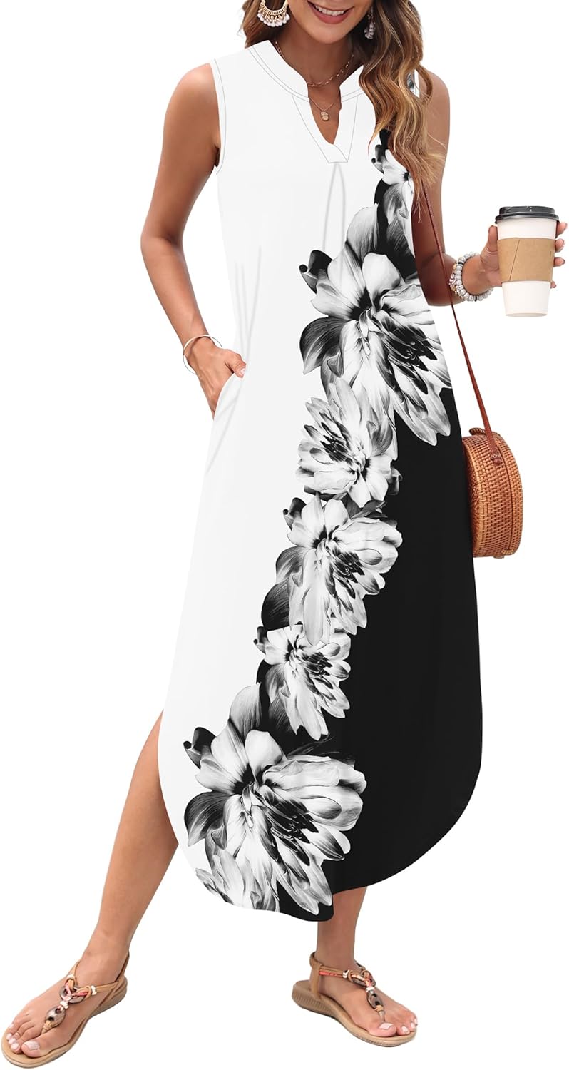 AUSELILY Womens Summer Casual Maxi Dresses 2026 Sleeveless Long Beach Dresses V Neck Loose Sundresses with Side Split Pockets