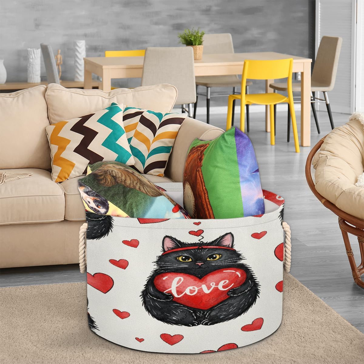 Large Storage Baskets - Valentines Black Cat Nursery Round Collapsible Organizer Bin Box, Laundry Hamper for Kids Toys, Blanket, Bedroom Living Room Home Decor, Gift Basket, 19.4"x13.3"