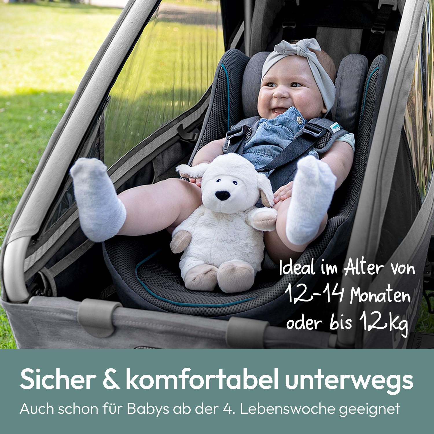 Qeridoo Babyschale dunkelgrau | Sicherheitsschale für Neugeborene im Kinderfahrradanhänger | Ergonomisch, gepolstert & atmungsaktiv | 5-Punkt-Gurt | Für EIN- & Zweisitzer bis 12 kg