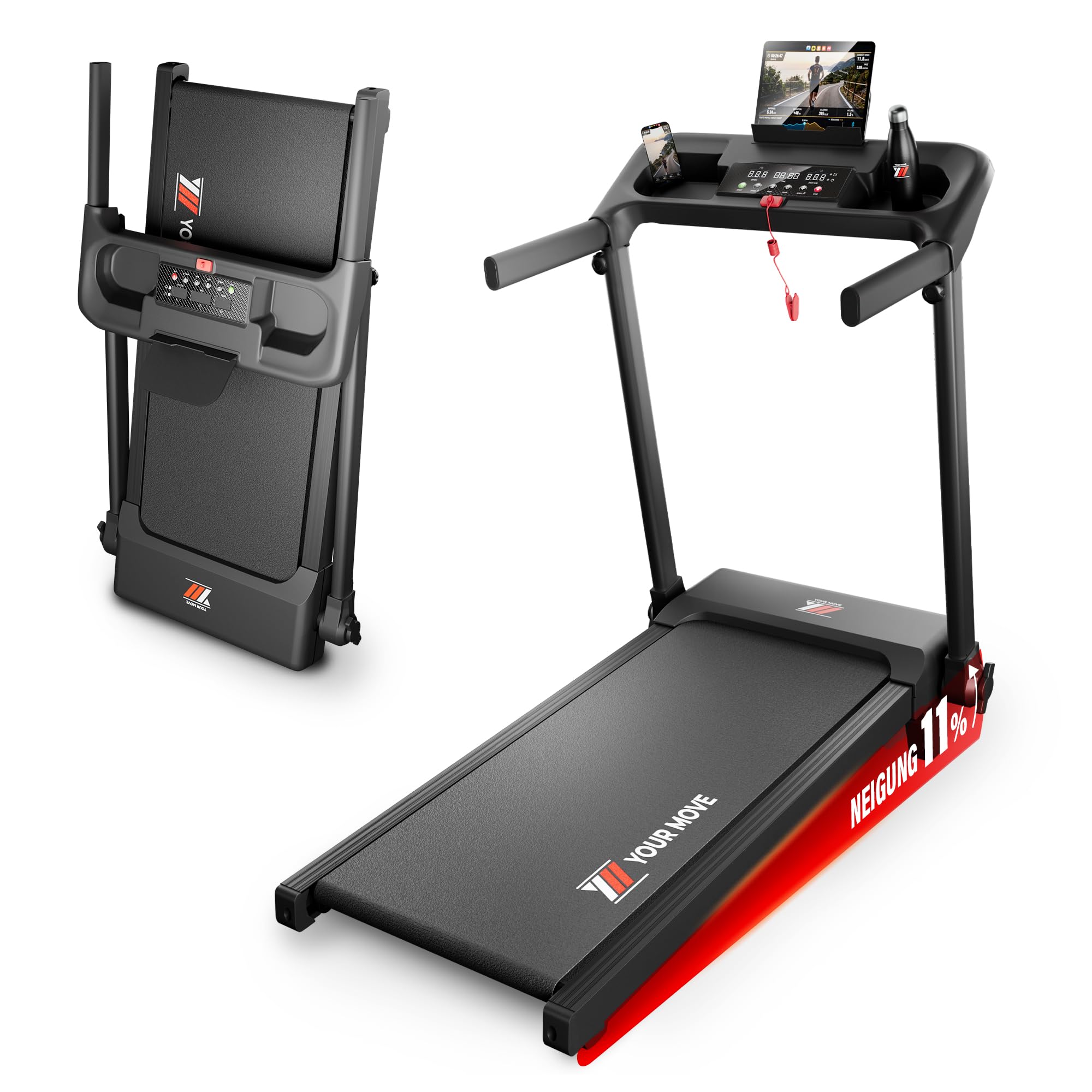 YM Elektrisches Laufband, zusammenklappbar, Laufteppich Maxi (42 cm), italienische Marke, verstärkter Rahmen, App Kinomap Zwift Bitgym, platzsparend, 12 Programme, Modell Next 1000 Your Move